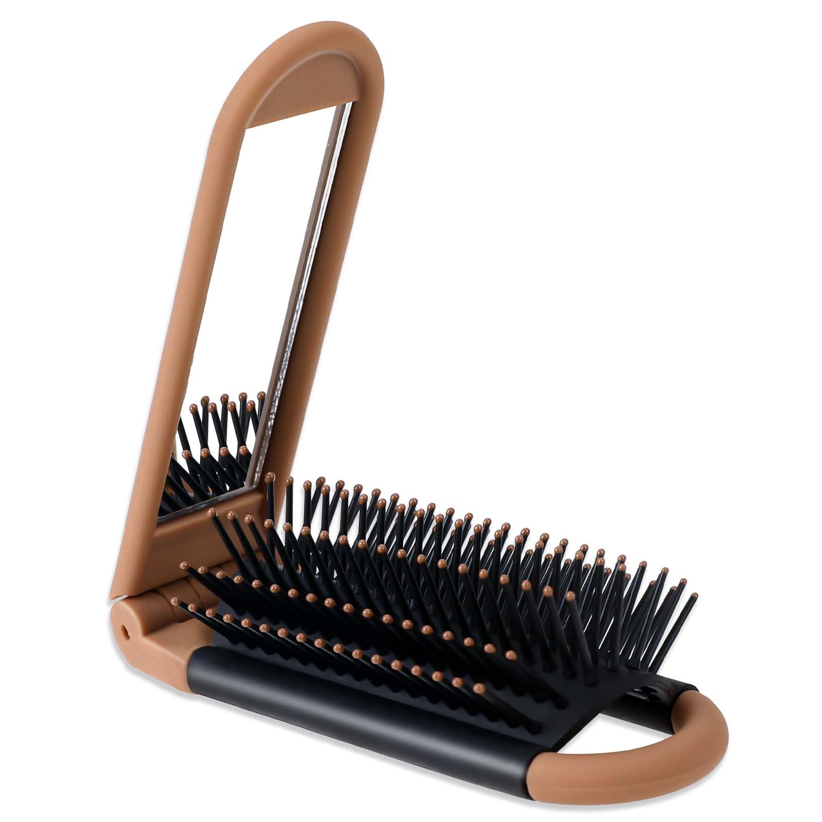 Mozeat Lens Travel Hair Brush, Compact Folding Hair Brush With Mirror, Portable Hair Comb For Gym, Trip, Purse, Swimming (Brown)
