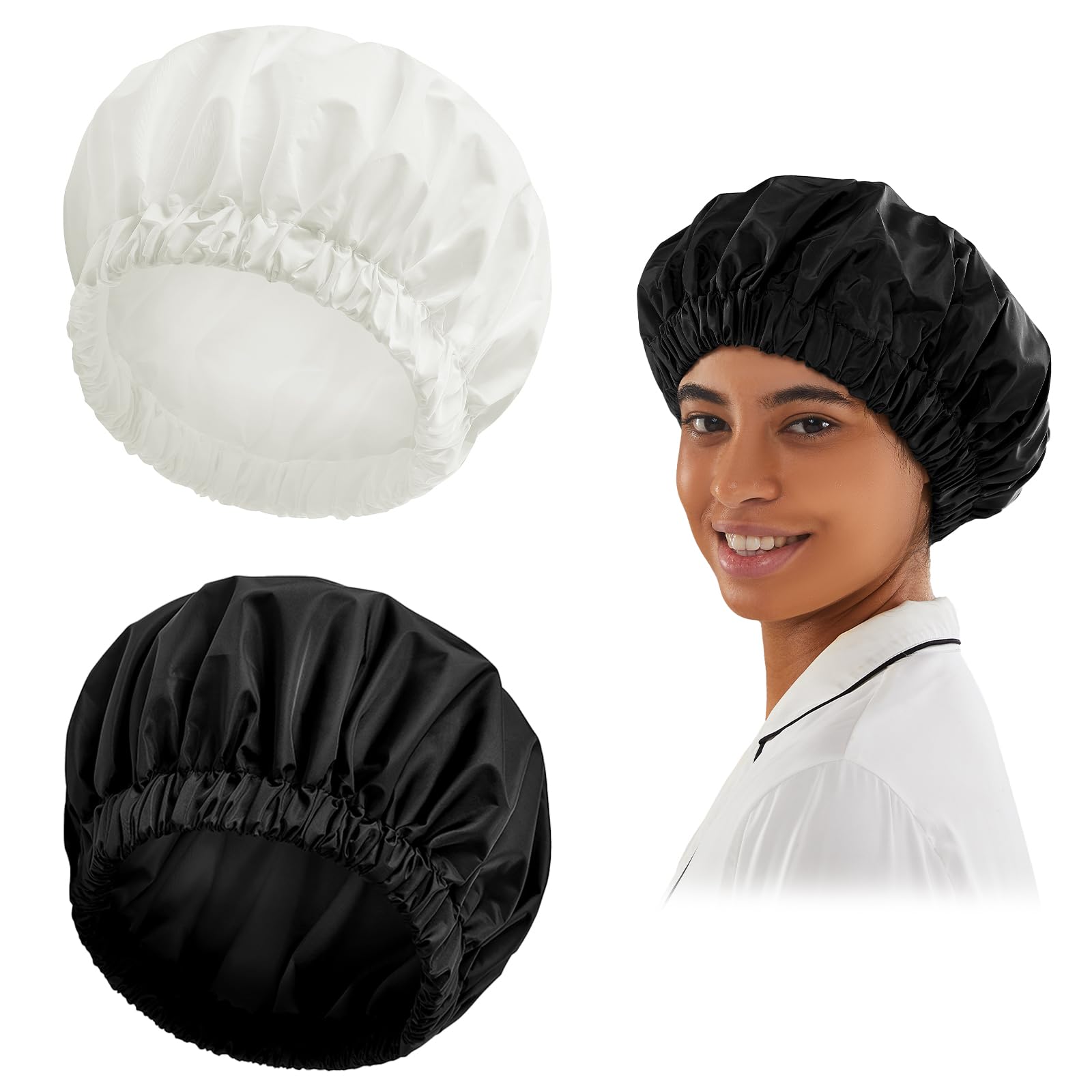 Reusable Shower Cap For Women, Large Waterproof Shower Bonnet Washable Elastic Band Bath Hair Hat For Long Hair, Braids(Black&Wh