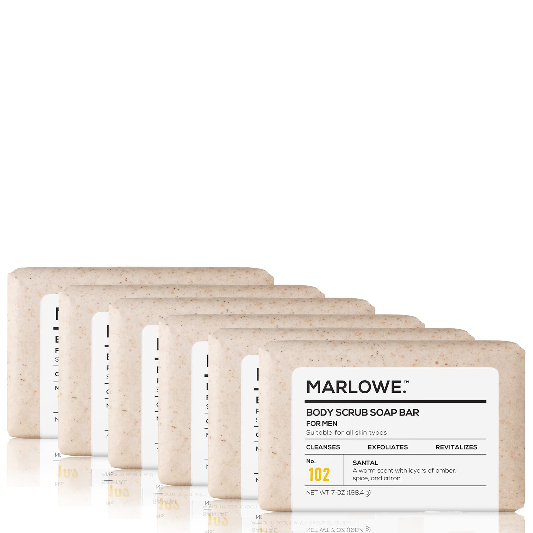 MARLOWE. No. 102 Men's Body Scrub Soap 7 oz (6 Bars) Warm Santal Scent, Best Exfoliating Bar for Men, Made with Natural Ingredie