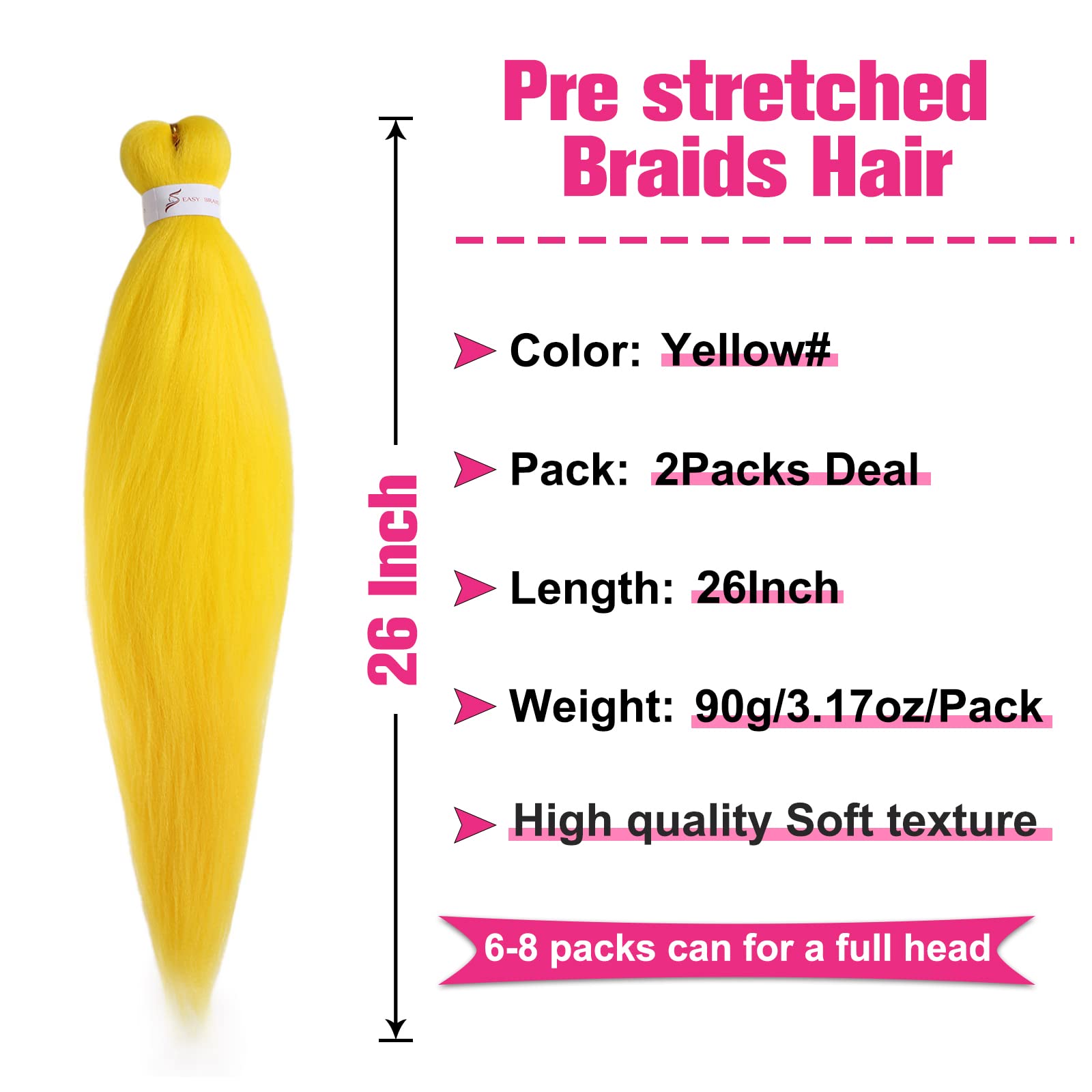 Unionbeauty 26 Inch Pre Stretched Braiding Hair 2 Packs Yellow Braiding Hair For Box Braids Hot Water Setting Easy Braid Yaki Te