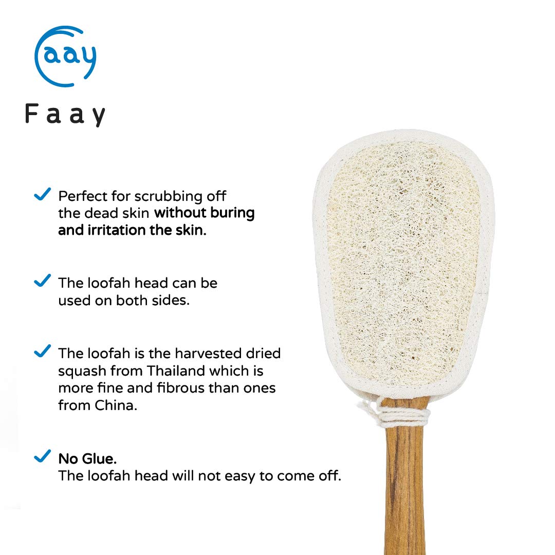 Faay 17 Inch Natural Exfoliating Loofah Back Scrubber On A Stick With Luffa Sponge Pads Refills - Long Handle Loofa Body Bath &