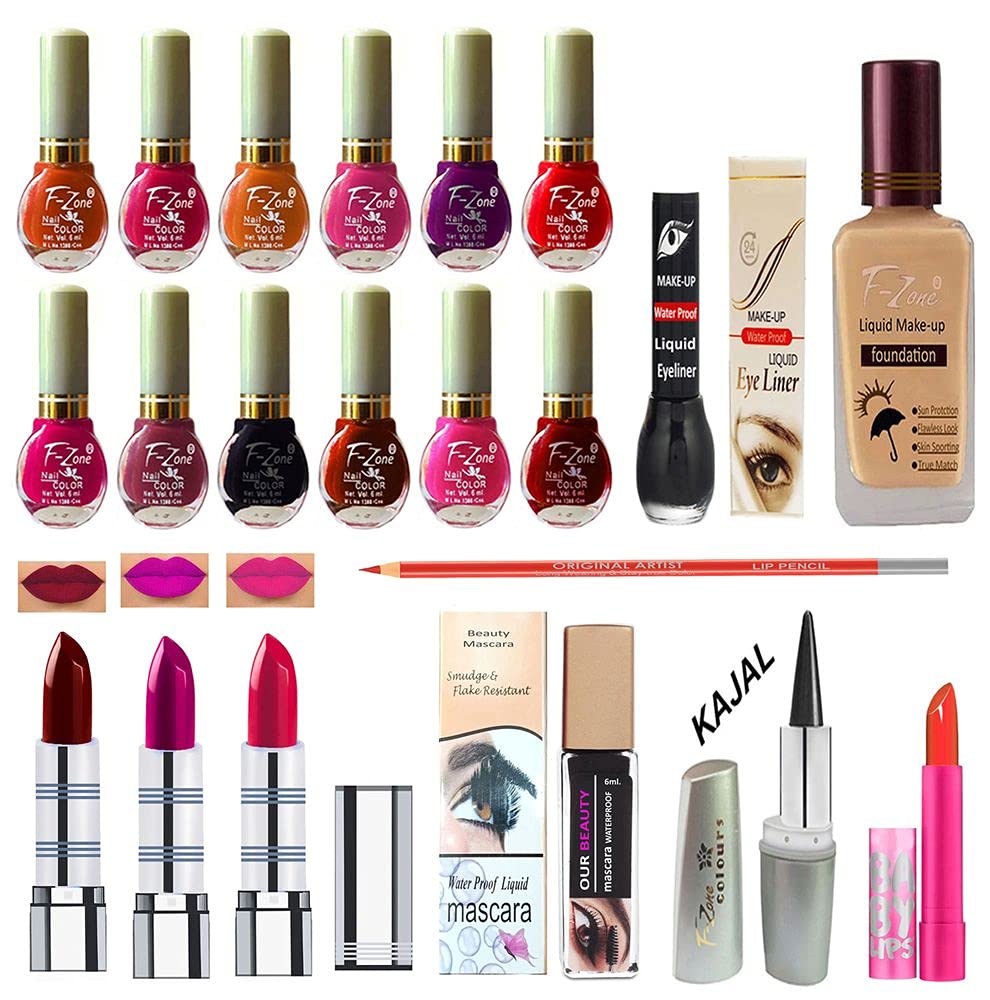 F Zone Makeup Kit With 12 Nail Polish Eye Liner Foundation 3 Lipstick Mascara Lip Balm And Kajal Vc64
