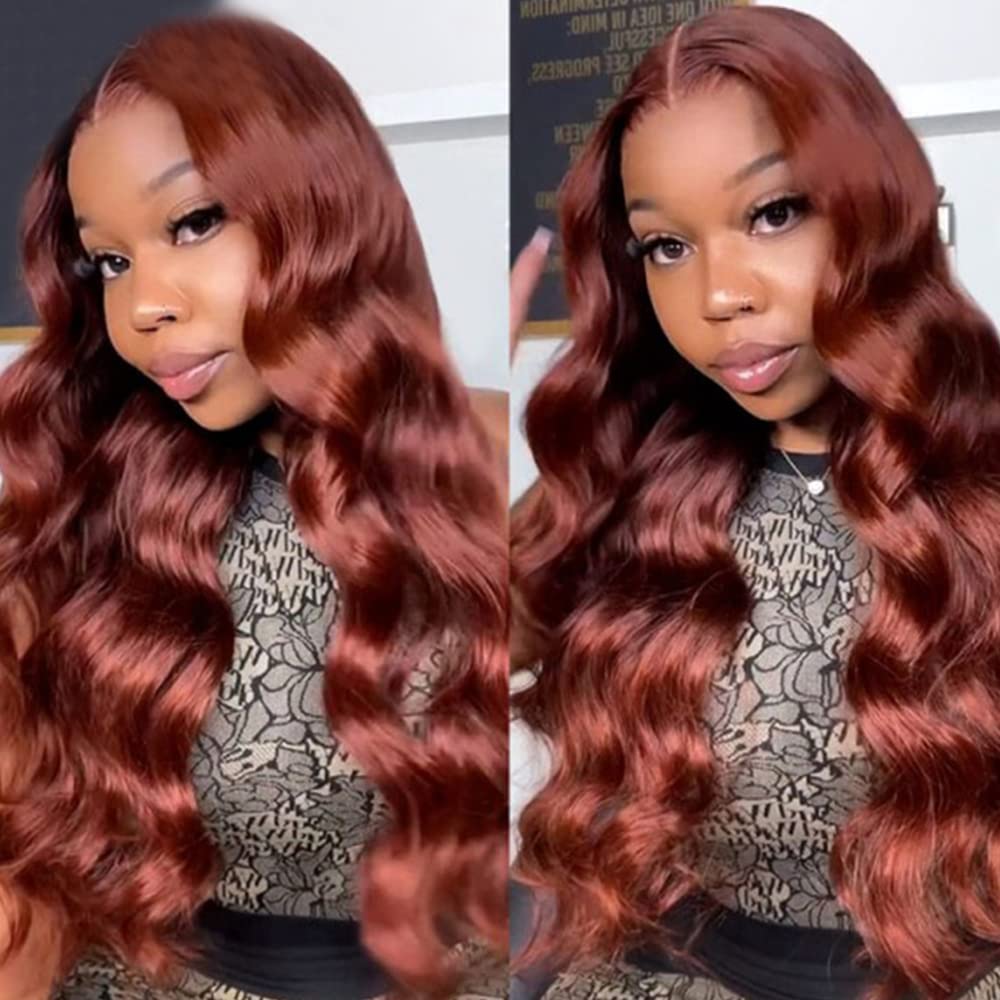 30 Inch 12A Reddish Brown Lace Front Wigs Human Hair 13x6 HD Body Wave Frontal Wigs for Black Women 180 Density Copper Red Gluel