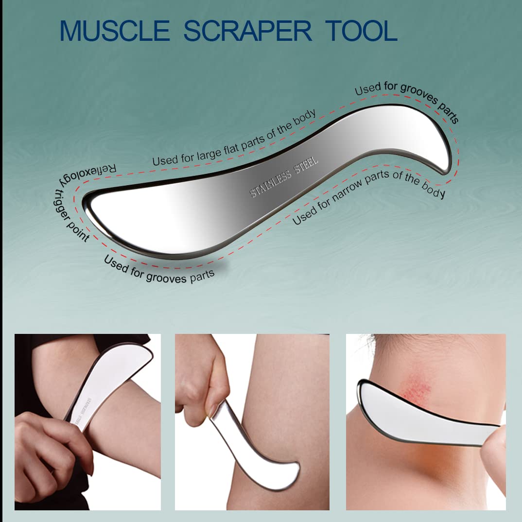 BYYDDIY Gua Sha Massage Tool Set - 4 in 1 Muscle & Fascia Scraper, Stainless Steel, 5 Piece Set, Silver, Model GUASHA-SDC1