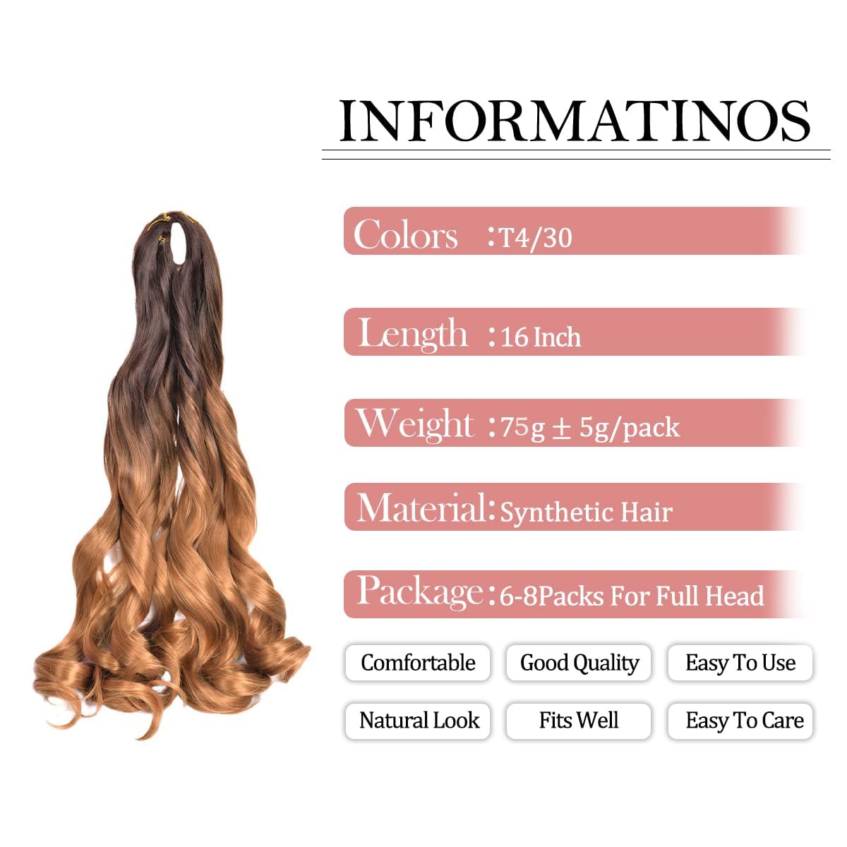 French Curl Braiding Hair 16 Inch Loose Wavy 8 Pack Curly Braiding Hair Extensions #T4/30 75G/Pack French Curly Synthetic Hair E