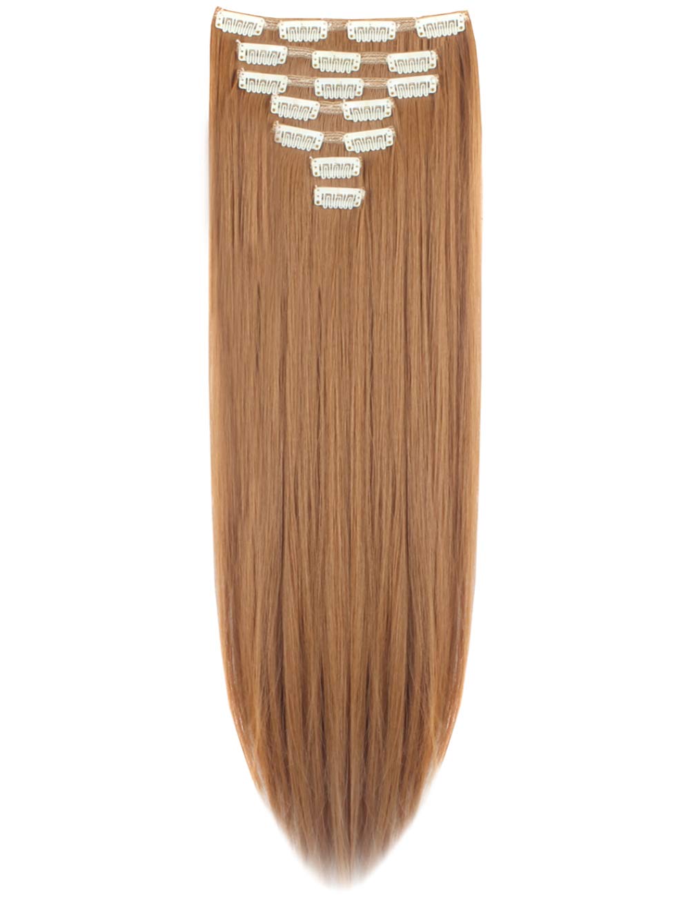 LELINTA 7Pcs 16 Clips 23 Inch Wavy Curly Full Head Clip in on Double Weft Hair Extensions Light Brown Straight