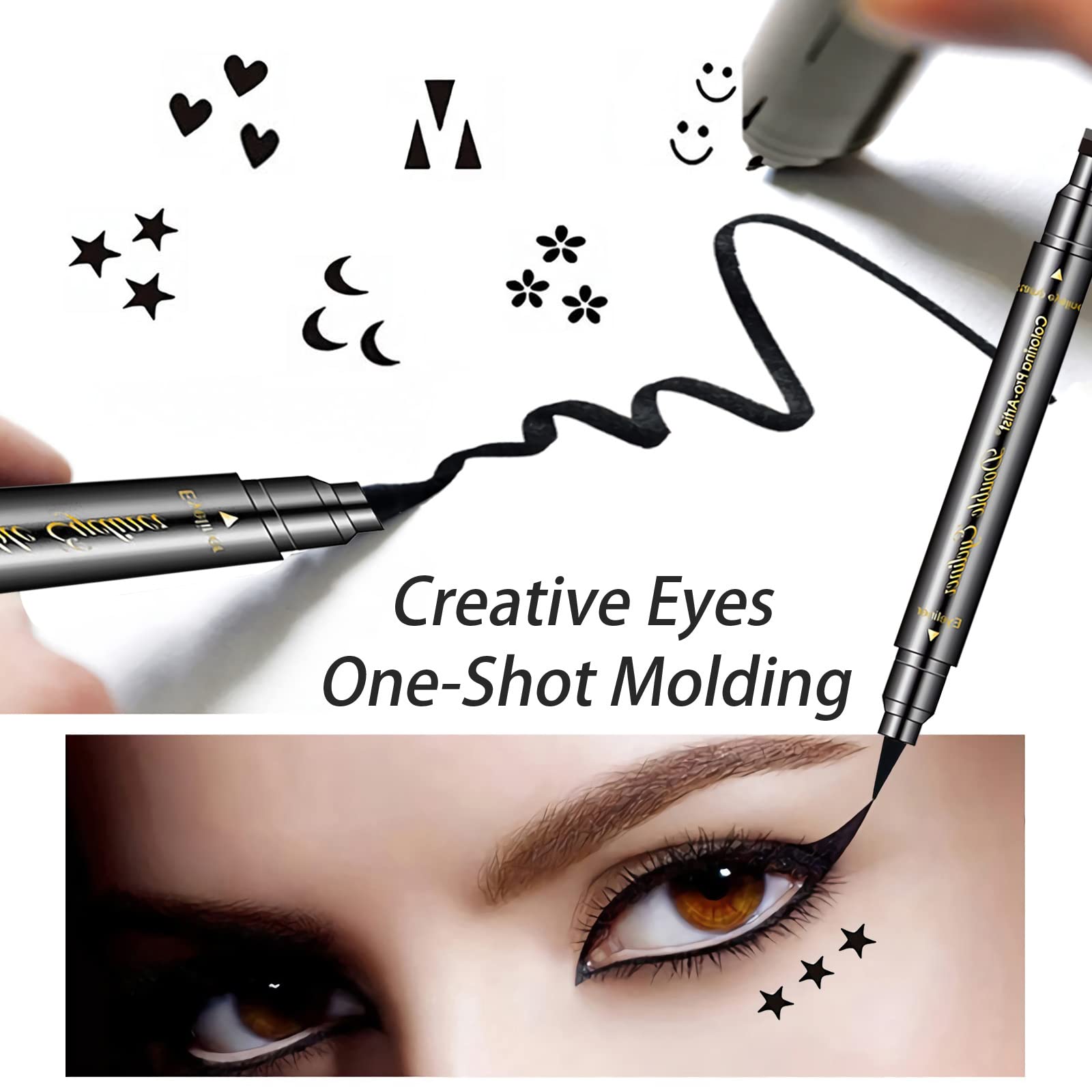 Sumeitang 6 Pcs Double-Headed Eyeliner Stamps Set Black Liquid Eye Liner Pen With Star,Moon,Heart,Flower,Smiley,Triangle Stamp S