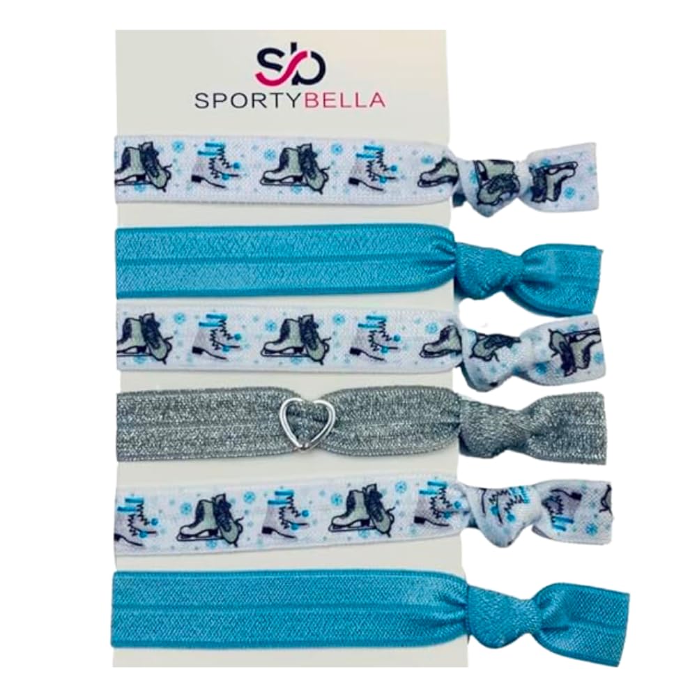 Sportybella Girls Hair Accessories - No Crease, No Tug Hair Ties and Ponytail Holders with Figure Skating Design (Blue/Silver), 