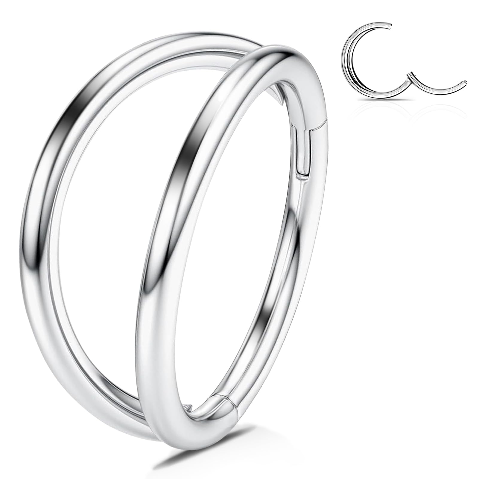 WBRWP Nose Ring Lip Rings Septum-Clicker : Double Ring Open Stacked Silver Ring 16G 8mm 316L Surgical Steel Sleeper Earring Heli