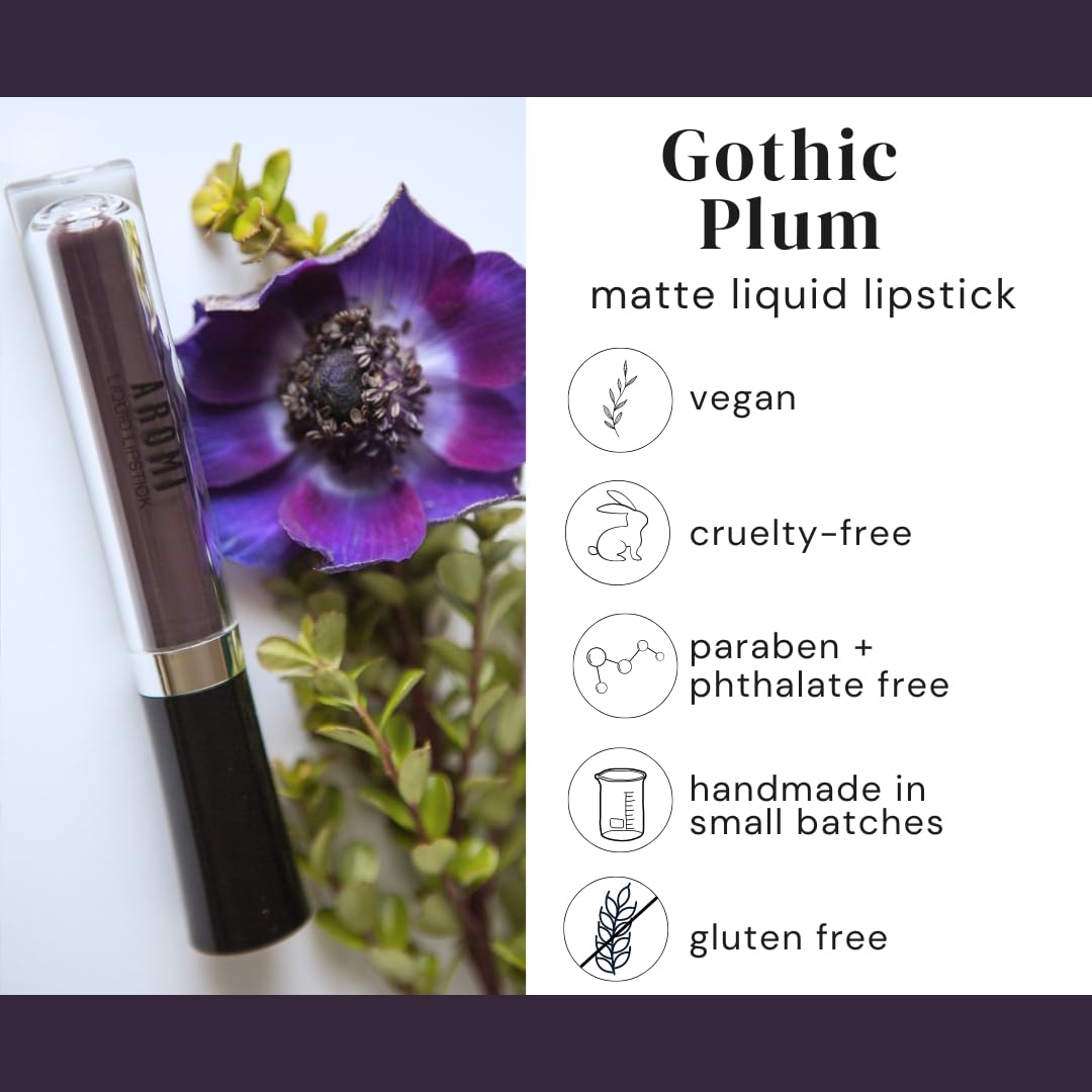 Aromi Black Plum Matte Liquid Lipstick, Dark Midnight Lip Color, Vegan And Cruelty-Free, Long-Lasting And Opaque Lipstick (Gothi