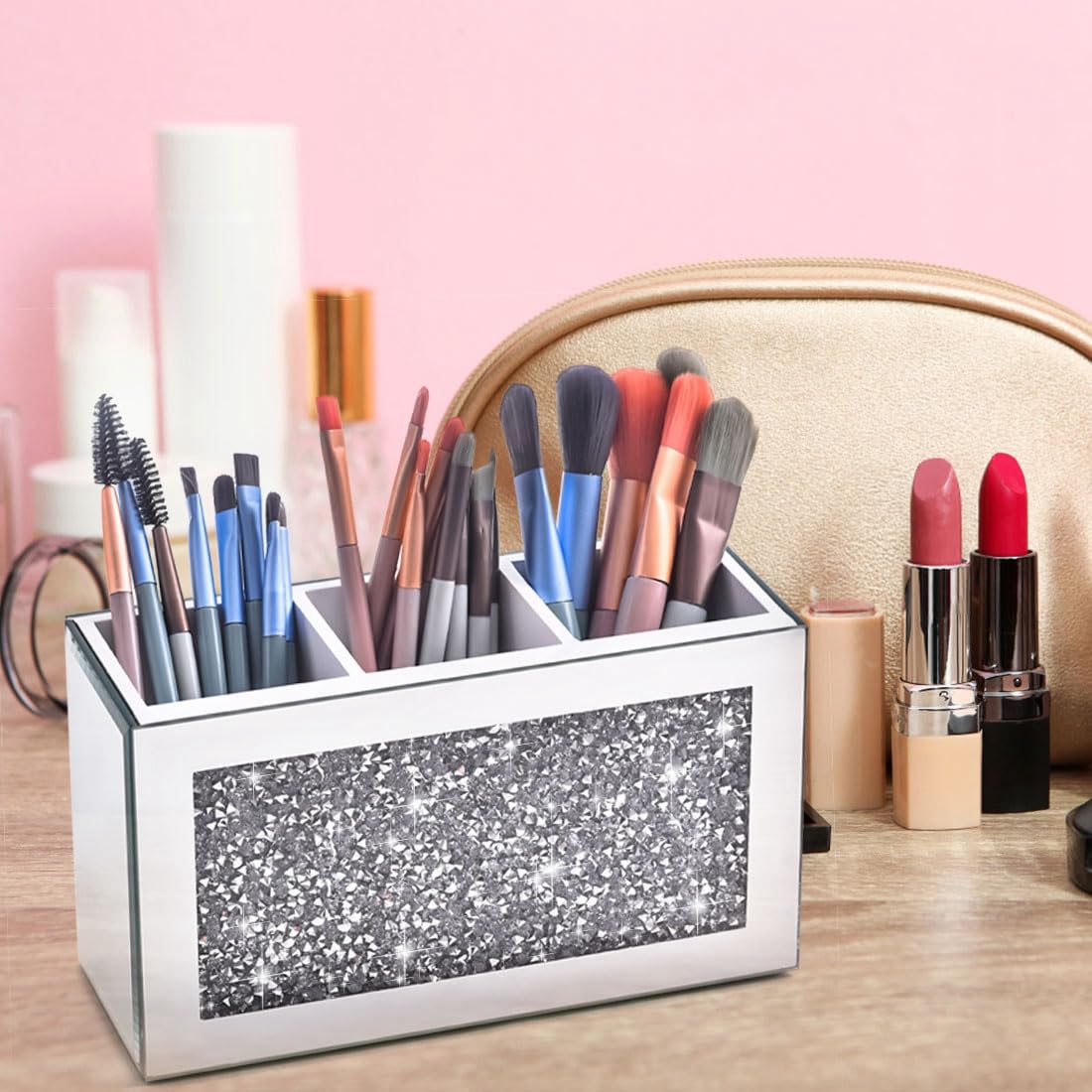 Amezey Mirrored Makeup Brush Holder Organizer, 3 Compartments Cosmetic Brush Storage Holders, Crushed Diamond Remote control hol