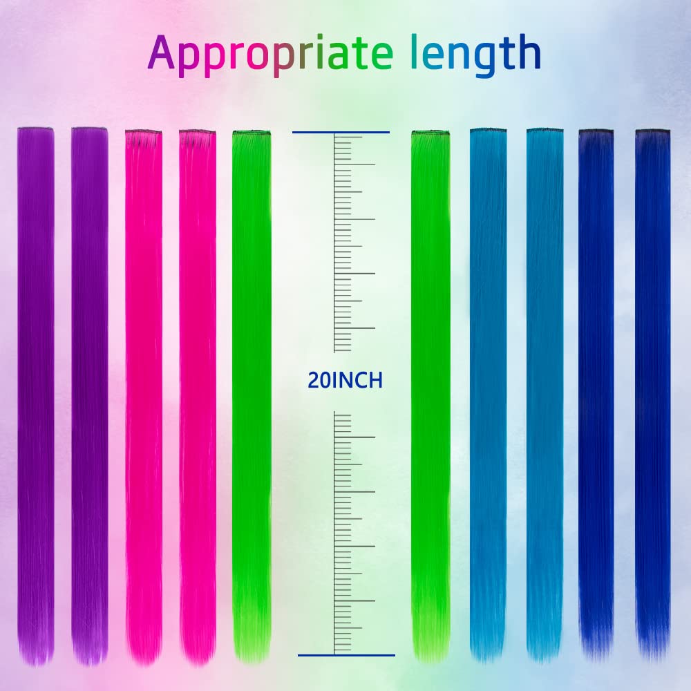 20 Pieces Party Highlights Clip In Colored Hair Extensions Colorful Hair Extensions 20 Inches Straight Synthetic Hairpieces(Blue