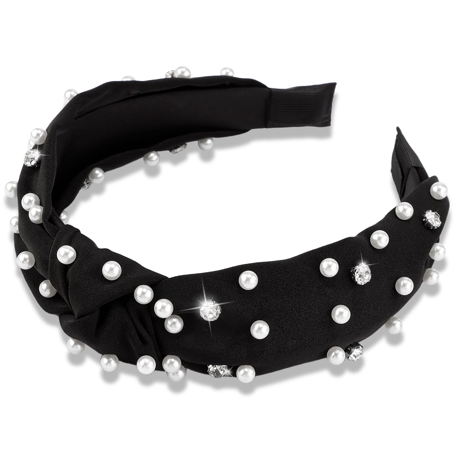 Atoden Pearl Headband Black Knotted Rhinestone Headbands Wide Top Knot Headbands Beaded Headband Jeweled Head Bands for Women's 