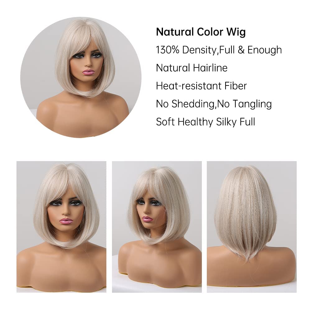 Emmor White Wig With Bangs Short Blonde Bob Wigs For Women Heat Resistant Synthetic Fiber Wigs Creamy Champaign White Natural Lo