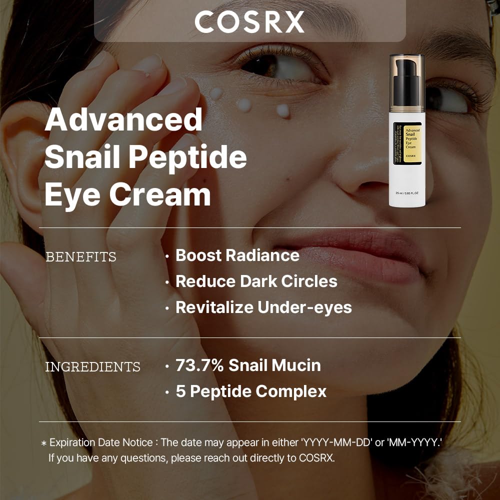 COSRX Snail Peptide Eye Cream with 73.7% Snail Mucin and Niacinamide, Brightening Korean Night Cream for Fine Lines and Dark Cir