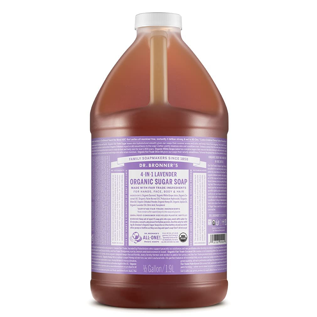 Dr BronnerAs - Organic Sugar Soap (Lavender, 64 Ounce) - Made with Organic Oils, Sugar and Shikakai Powder, 4-in-1 Uses: Hands,