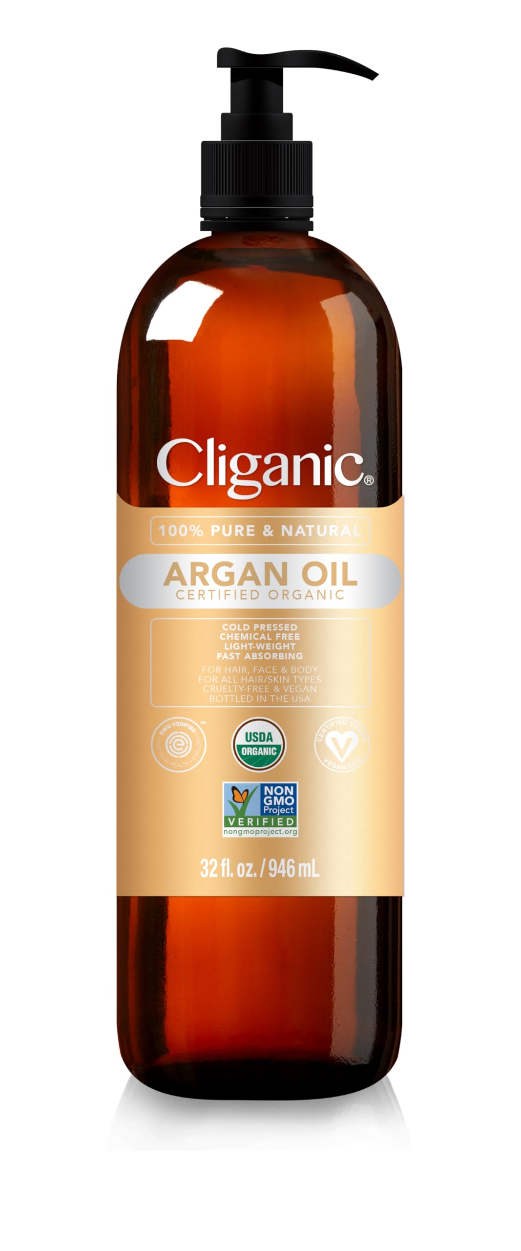Cliganic Organic Argan Oil For Hair, Face & Skin (Bulk, 32Oz With Pump) - 100% Pure, Cold Pressed