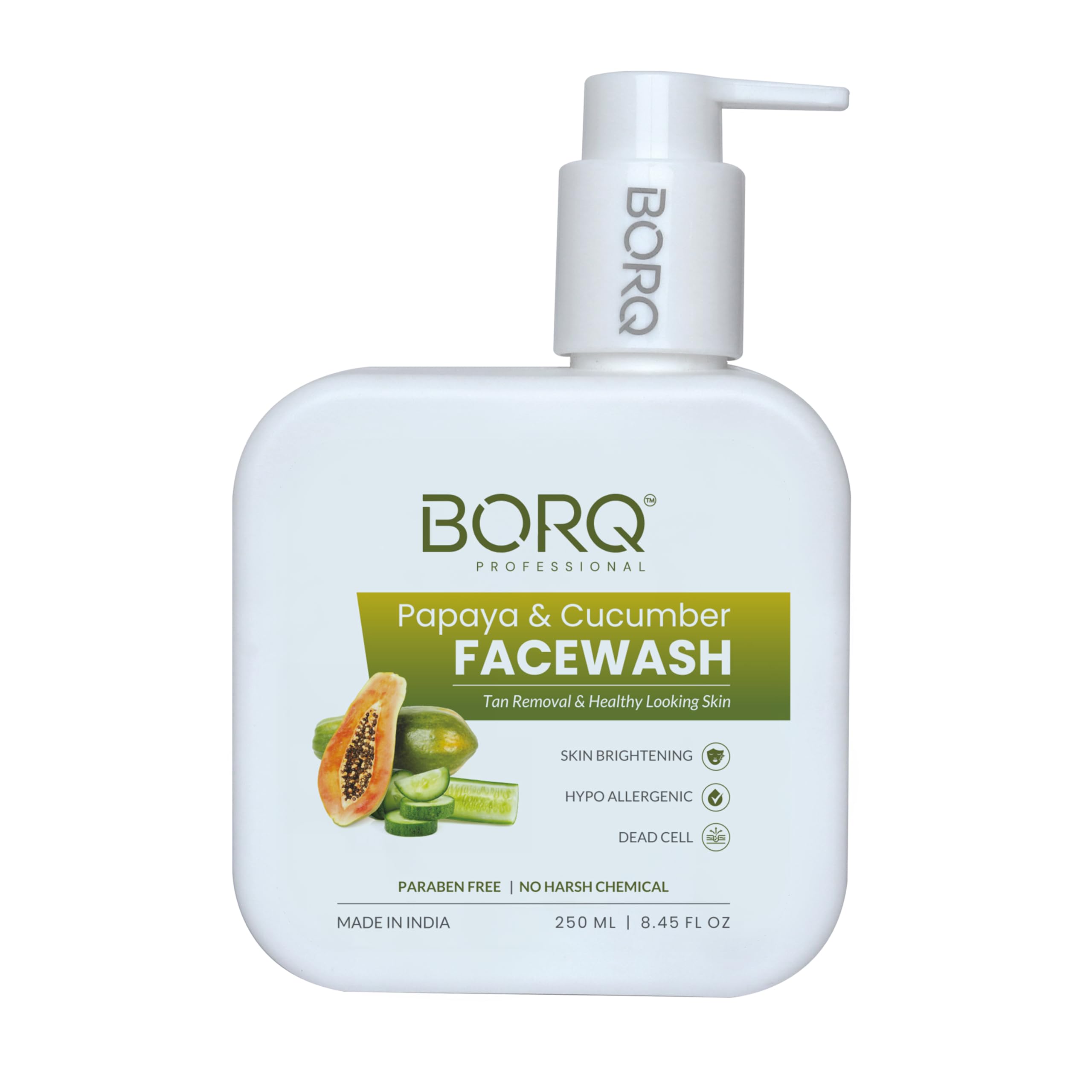 Borq Papaya & Cucumber Face Wash 250Ml | For Glowing & Healthy Skin | Reducing Dark Spots & Blemishes | Gentle Cleanser For Brig