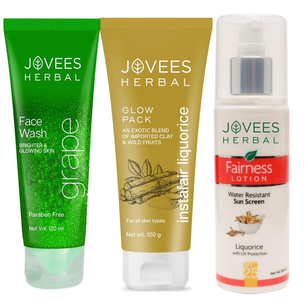 Jovees Herbal Grape Fairness Facewash 120 Ml, Insta Fair Liquorice Glow Pack 120 G, Fairness Lotion Spf 25 100 Ml For Dull Skin 