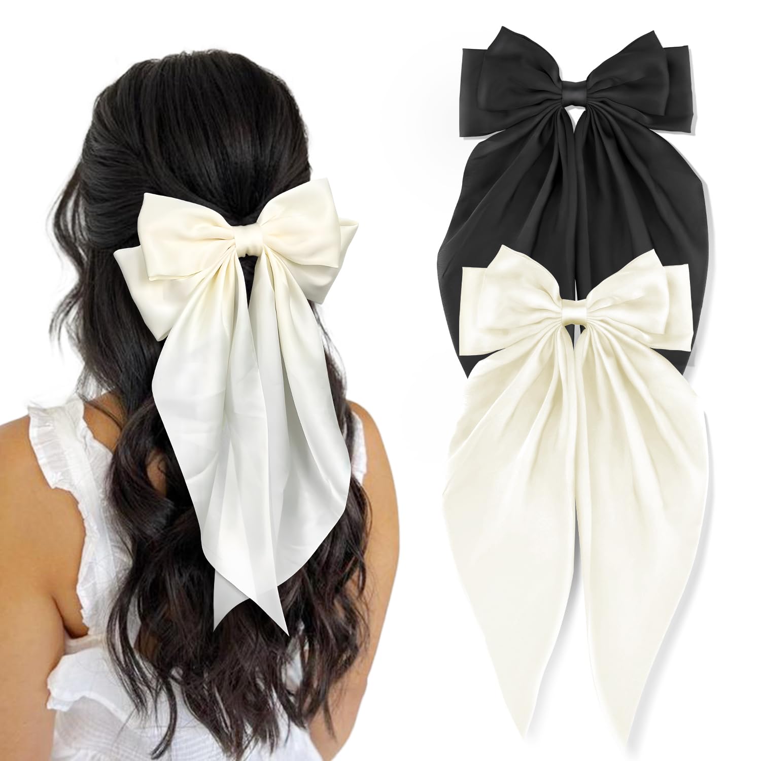 2 Pcs Silky Satin Big Hair Bows Ribbon Hair Barrettes Clip, Large Bow Hair Slides Metal Clips French Barrette OverSized Long Tai