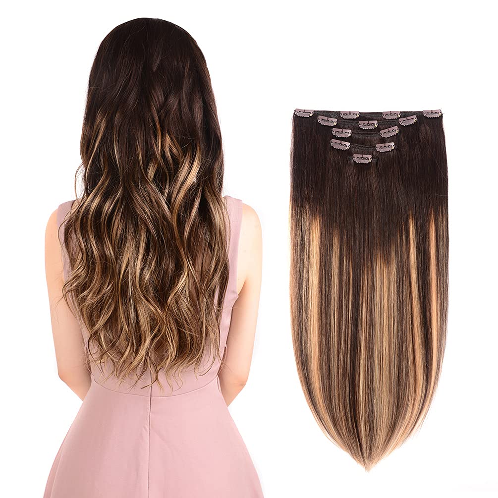 5 Pieces 18'' Remy Clip in Hair Extensions Human Hair Dark Brown to Dirty Blonde Highlight Brown Ombre - Silky Straight Short Th