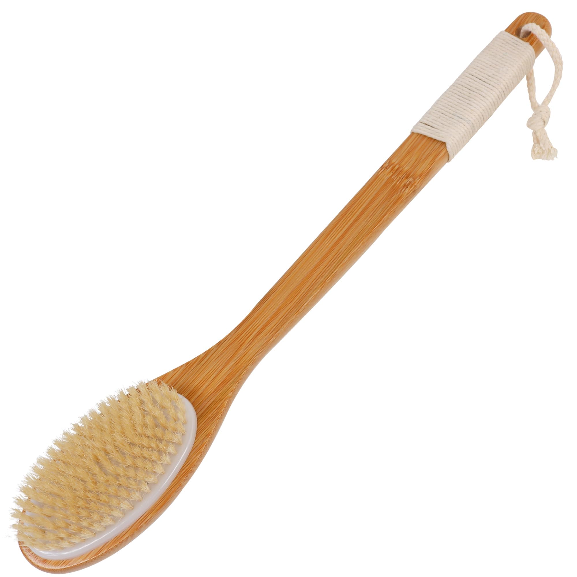 Owiizi Bath Brush Bamboo Curved Long Handle Antiskid Body Brush For Exfoliating, Natural Bristles Shower Scrubber For Back Use W