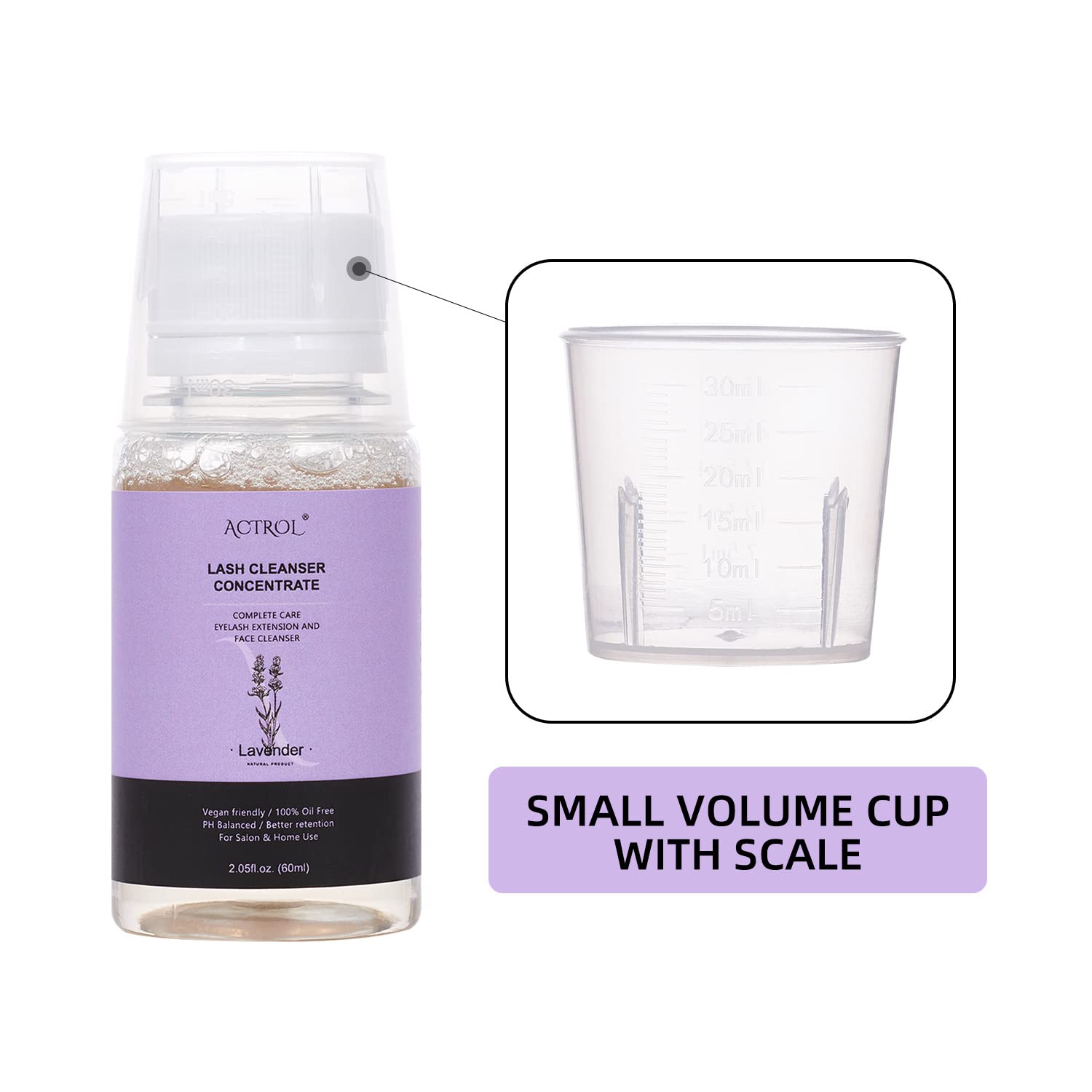 ACTROL Eyelash Cleanser Concentrate 60ml Lavender Professional Lash Shampoo Foaming Cleanser DIY Wash for Extensions Lashes with