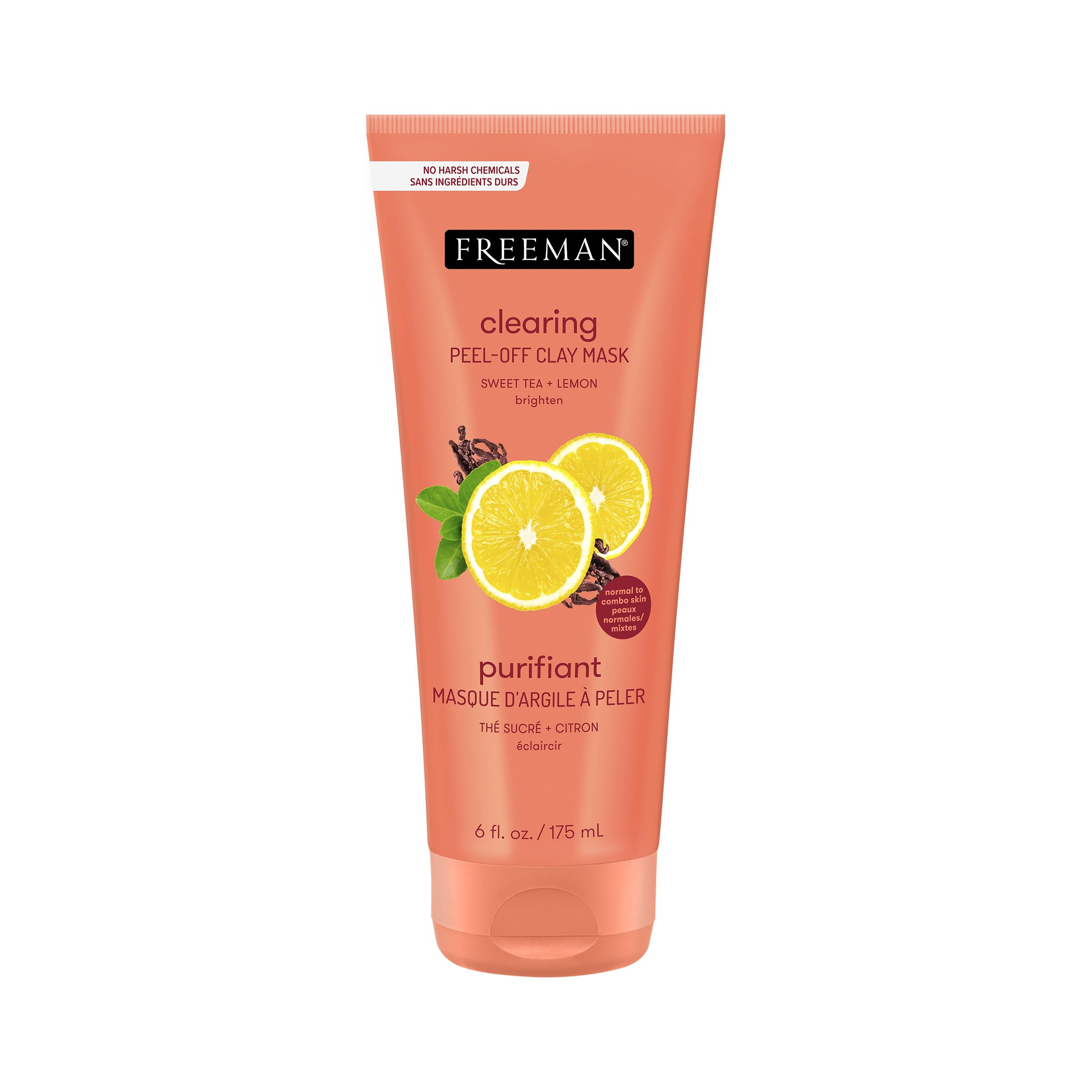 Freeman Clearing Peel-Off Clay Mask, Brightening & Toning Facial Mask, Tea & Lemon Help Even Skin, Antioxidant Rich, Clay Face M