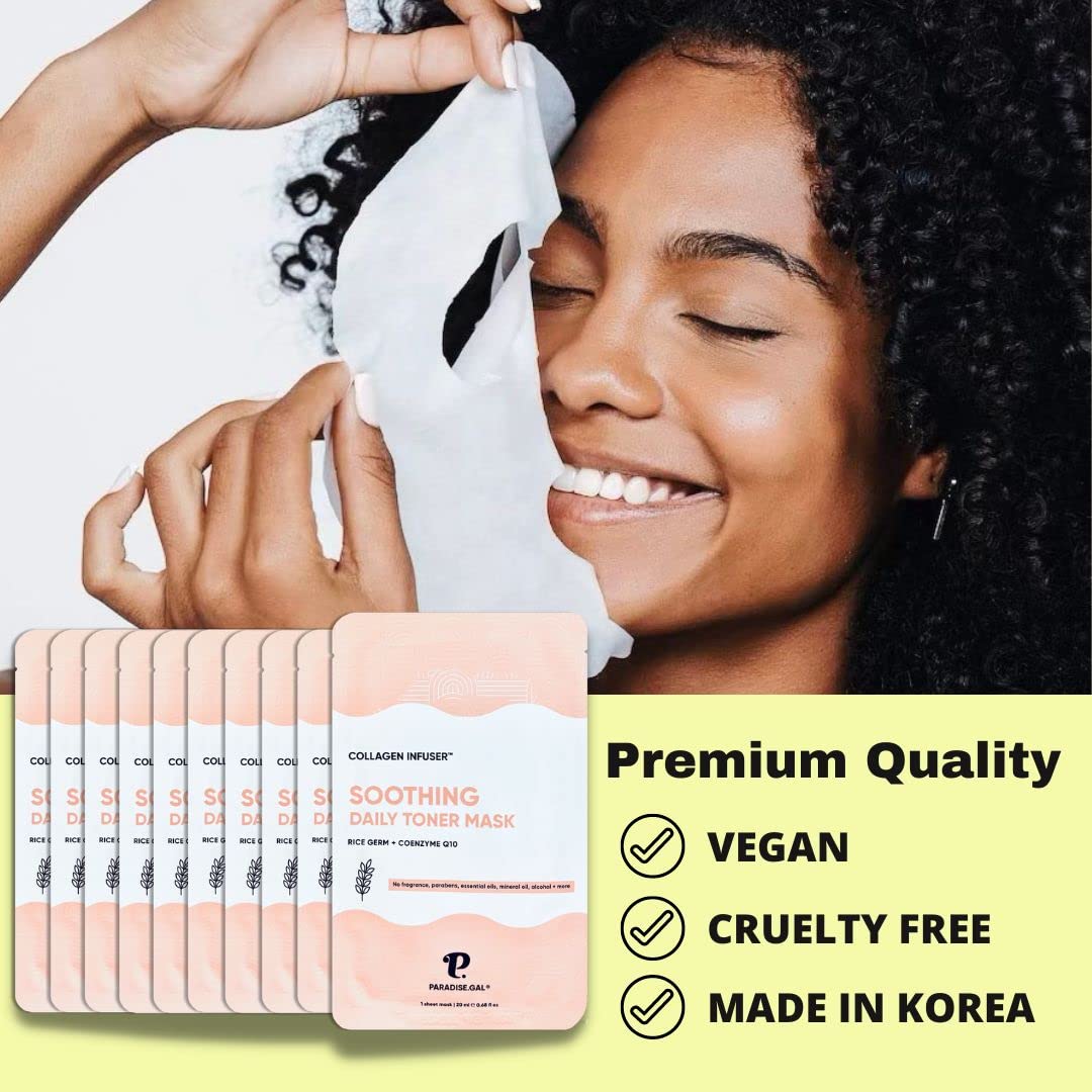 Paradisegal 10 Face Masks Korean Skin Care - Soothing Collagen Infuser With Rice, Coenzyme Q10, Niacinamide, Ceramide | Best Fac