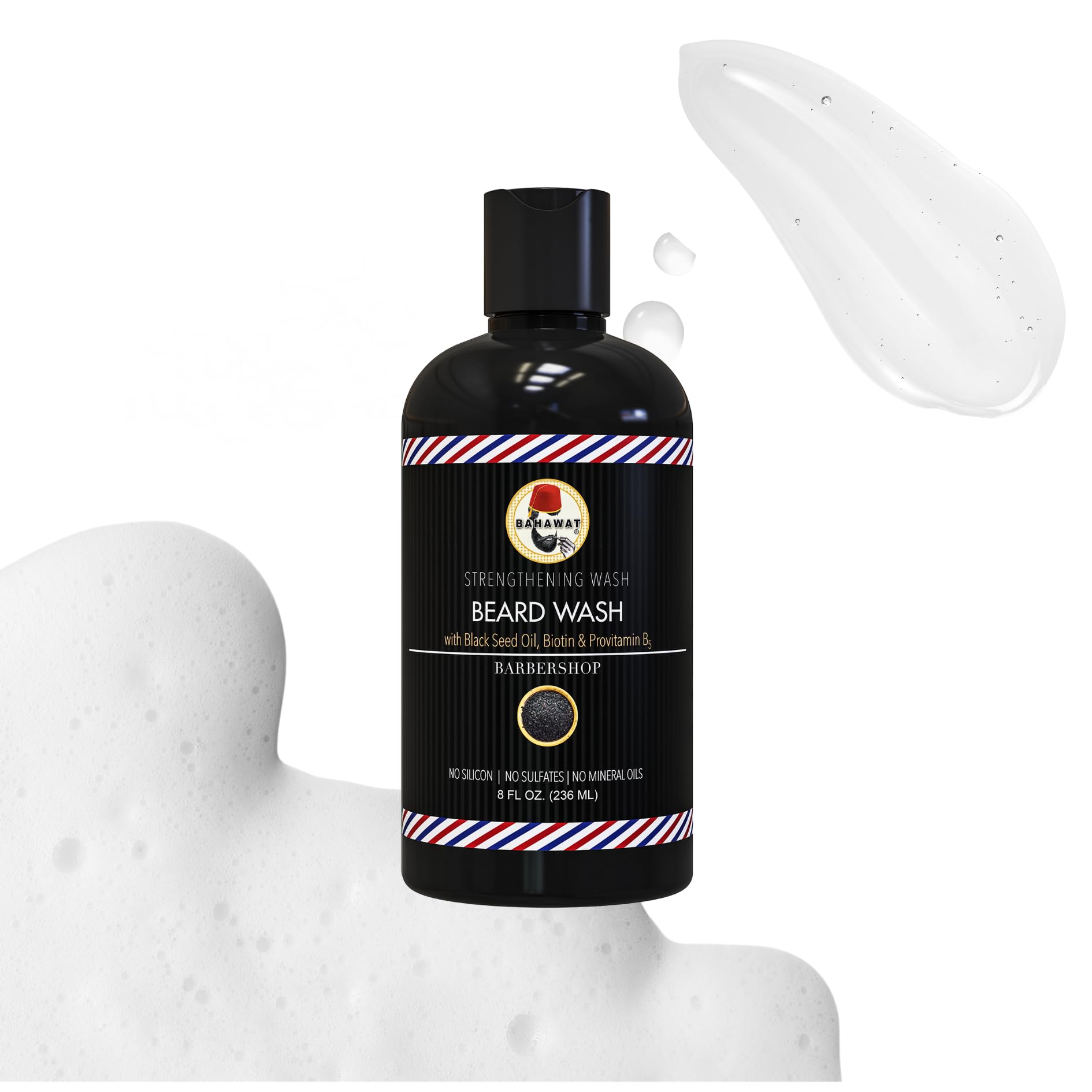 Beard Wash - Unscented - 8 fl. oz. - Sulfate free - with biotin, provitamin B5, Blackseed oil, Jojoba Oil, Natural Ingredients f