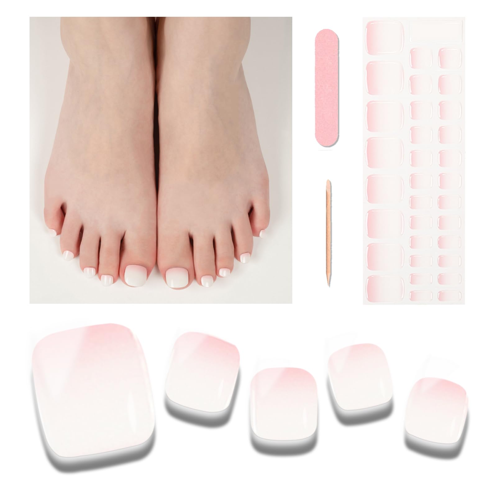 Wekcekcek Semi Cured Gel Toenail Strips, 32 Cream Pink Gel Toenail Stickers - Works with Any Nail Lamps Gel Pedicure Strips Full