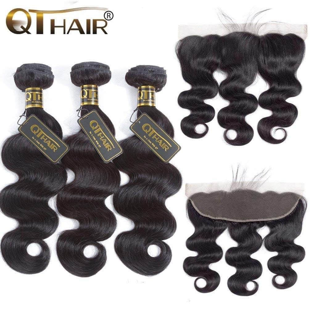 QTHAIR 12A Grade Body Wave Bundles with Frontal Human Hair Bundles with Lace Frontal Body Wave Hair Brazilian Virgin Hair Ear To