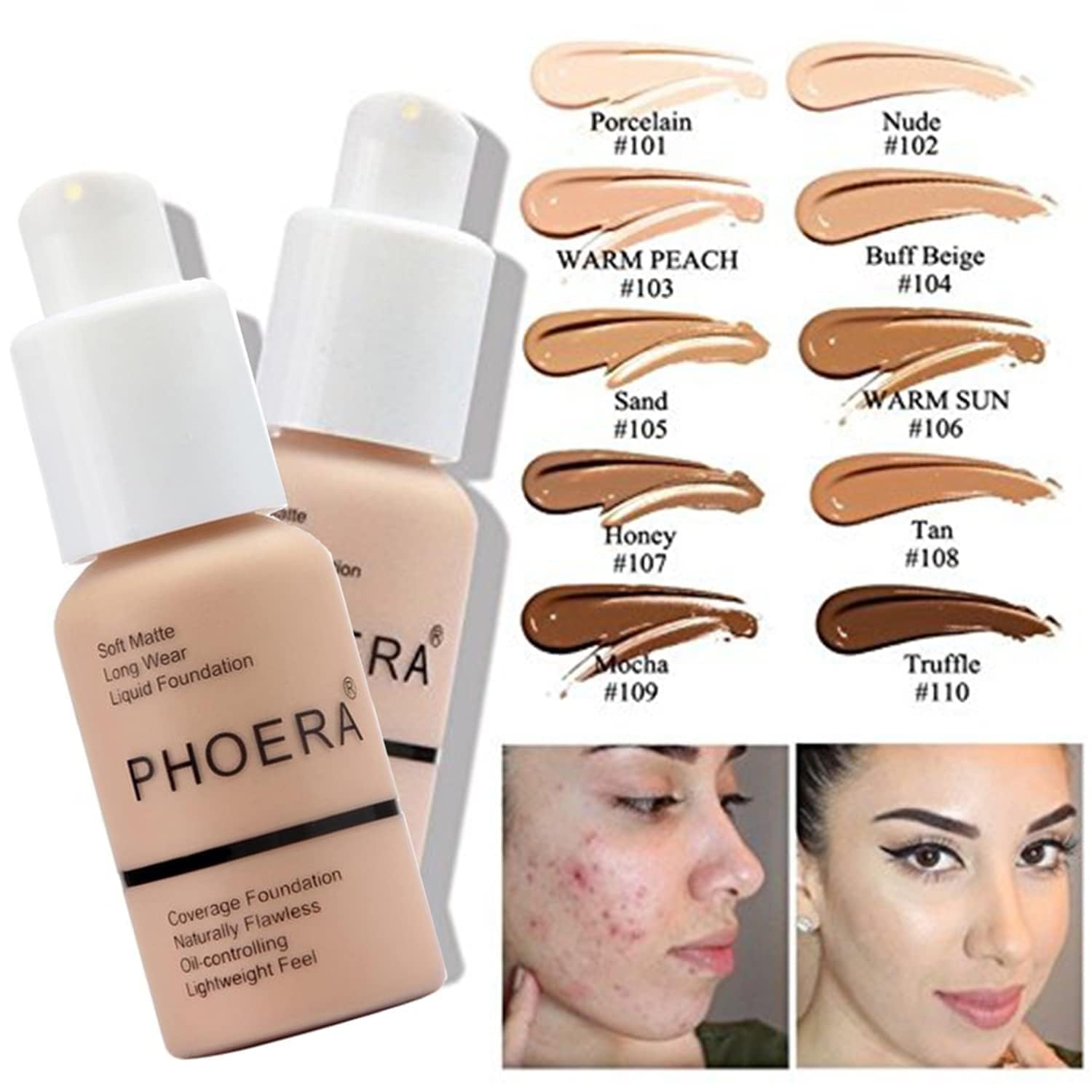 Phoera Foundation,Full Coverage Foundation, Hilareco Concealer Foundation Flawless 30ml Natural Matte Oil Control Concealer Faci
