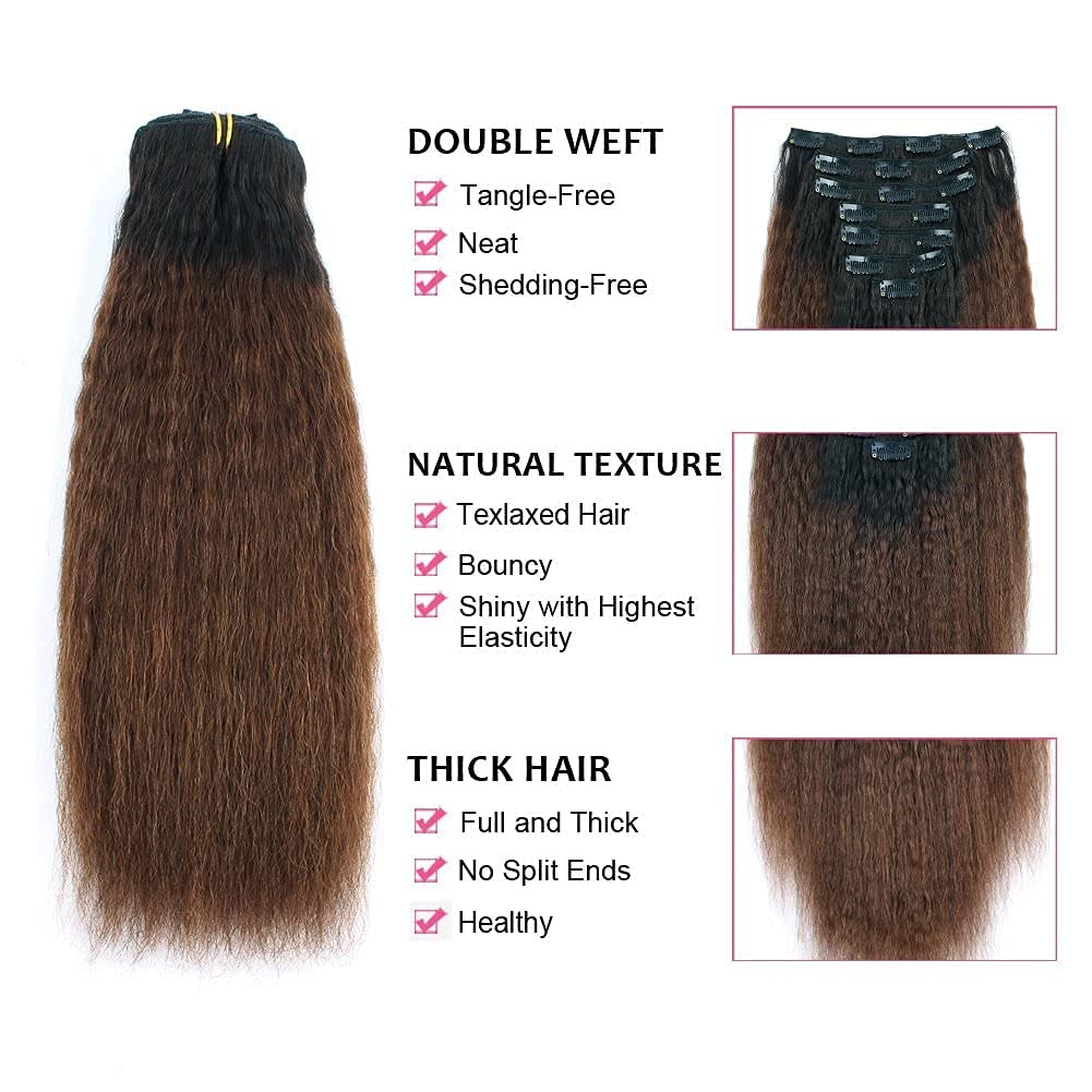 AmazingBeauty 8A Double Weft Texlaxed Kinkys Straight Ombre Clip Extensions Human Hair for Black Women, Natural Black Fading int