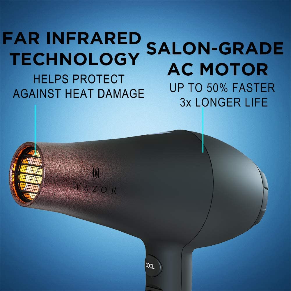 Wazor Professional Ionic Hair Dryer with Diffuser, Infrared Salon Grade Blow Dryer with Comb Attachment, 1875W Powerful Quiet Ha
