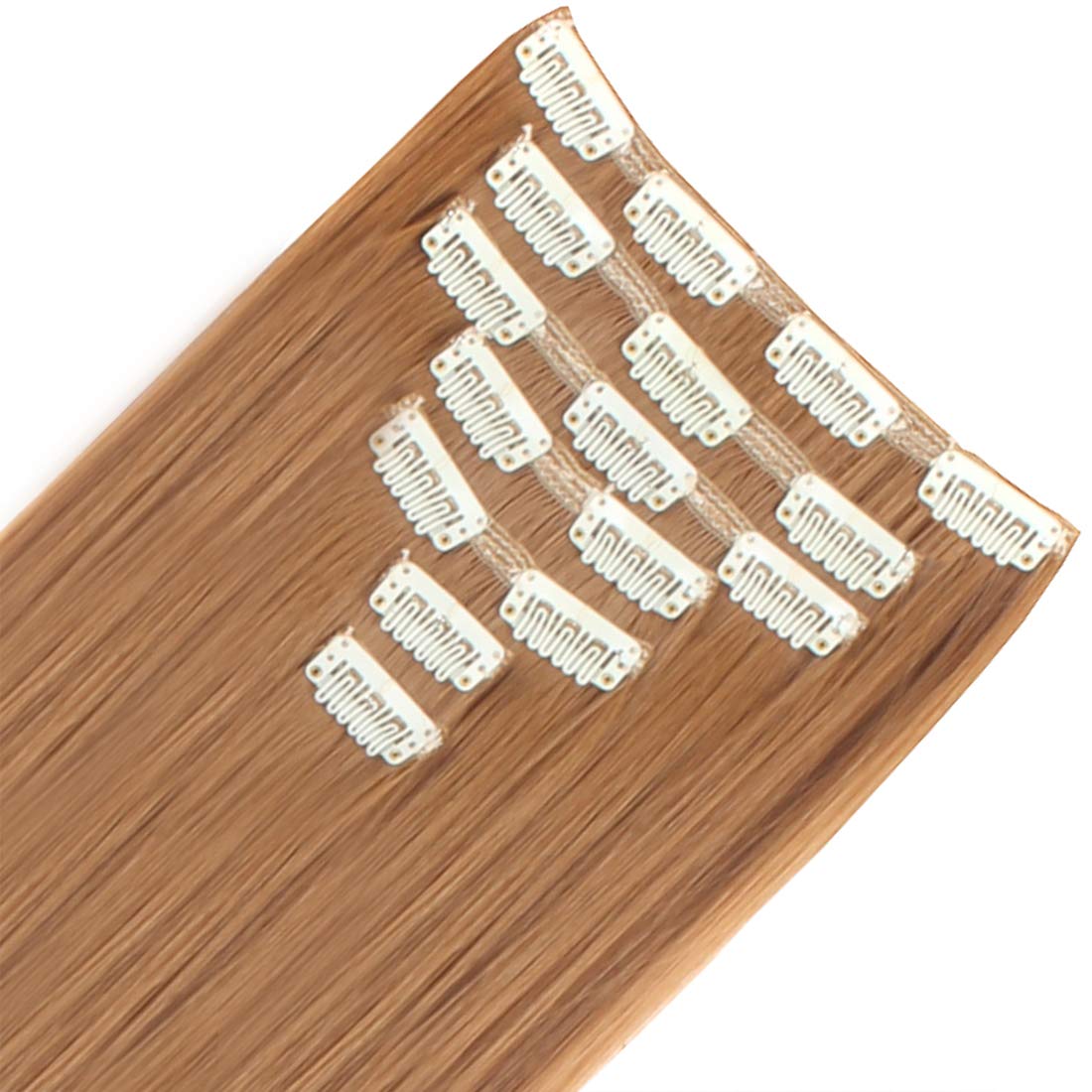 LELINTA 7Pcs 16 Clips 23 Inch Wavy Curly Full Head Clip in on Double Weft Hair Extensions Light Brown Straight