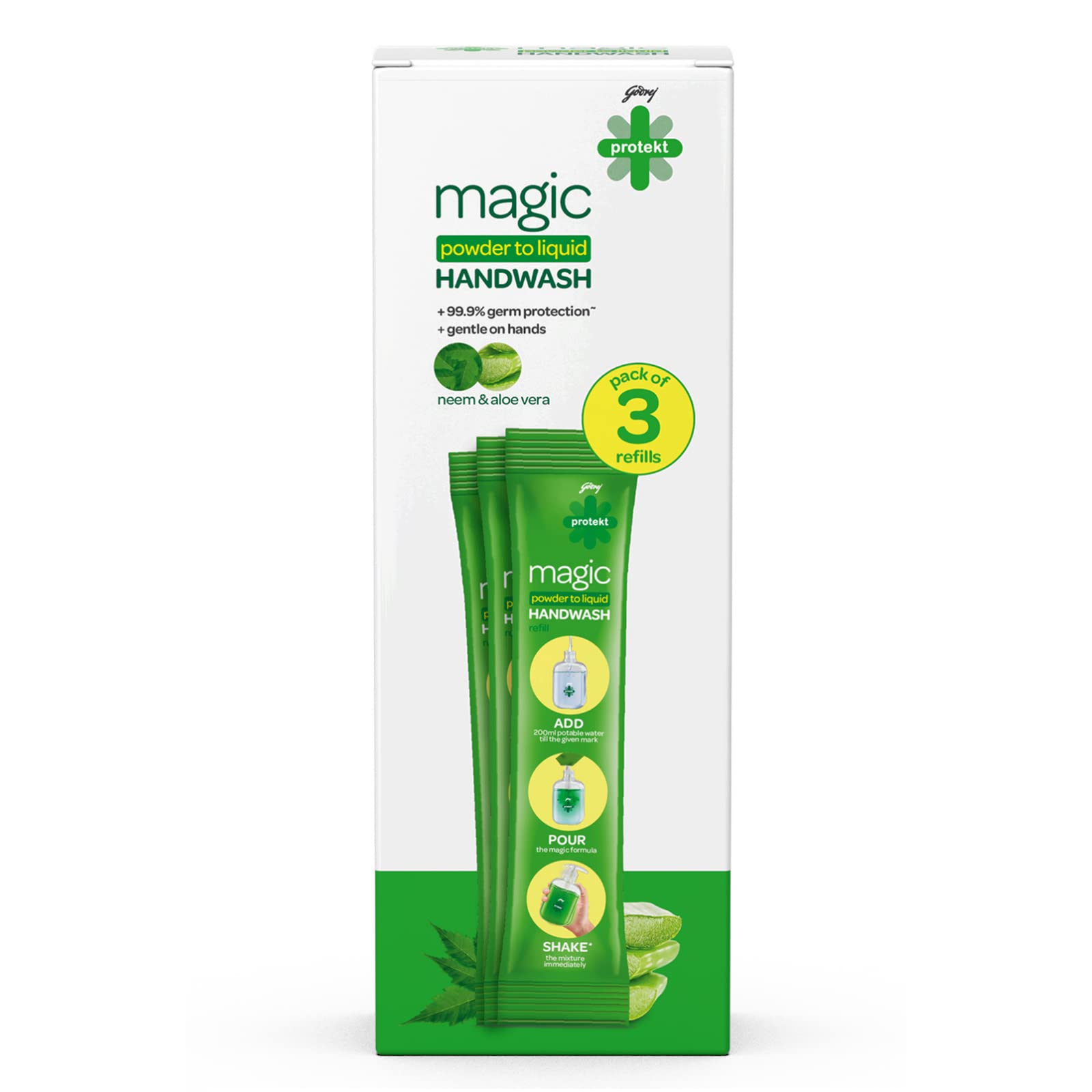 Godrej Protekt Magic Powder-To-Liquid Handwash - 3 Refills | 27G (Makes 200Ml Per Refill)