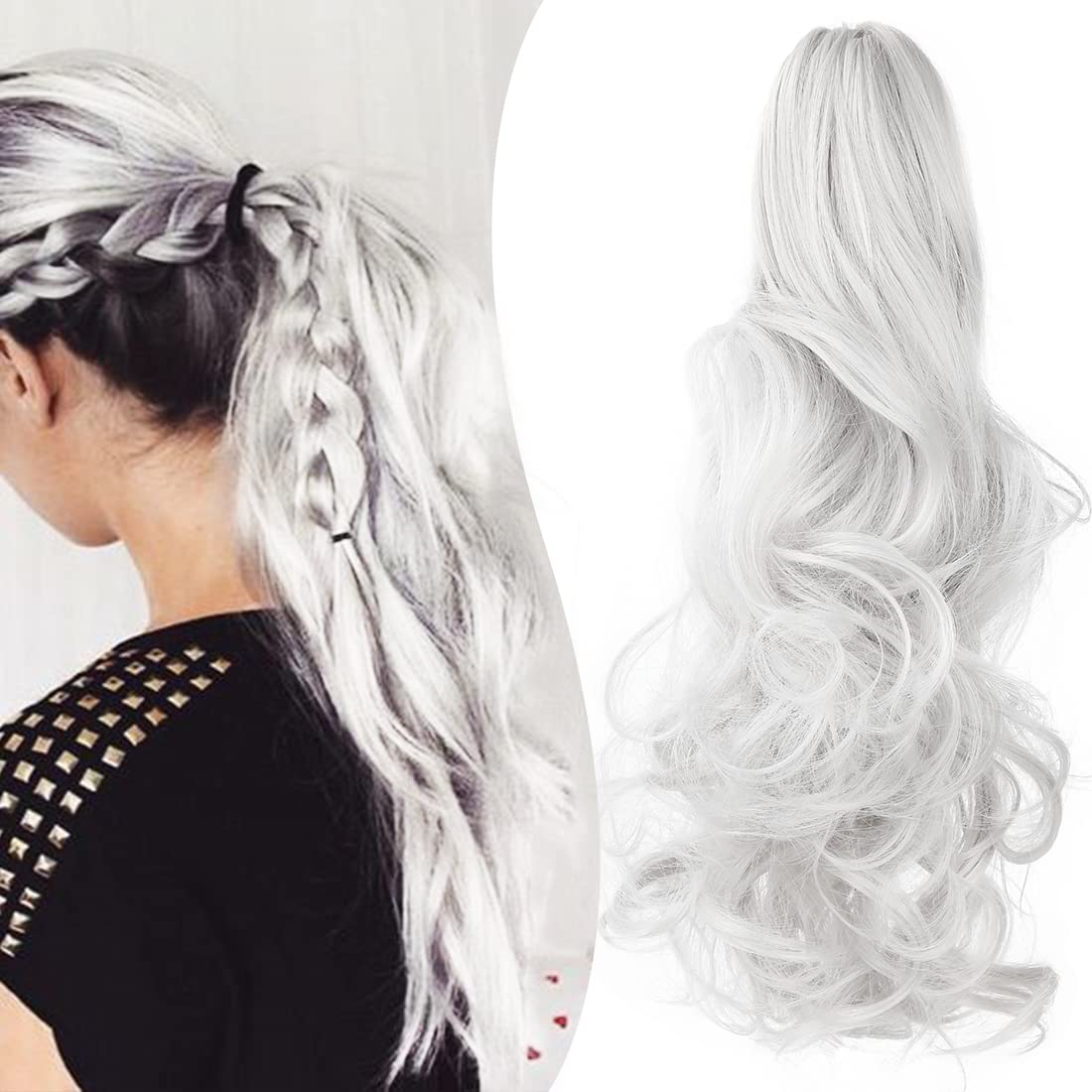 Mitrygreen Claw Clip Ponytail Extension 18'' Clip in Wavy Ponytail Hair Extensions Long Pony Tails for Women Extensions Silver G