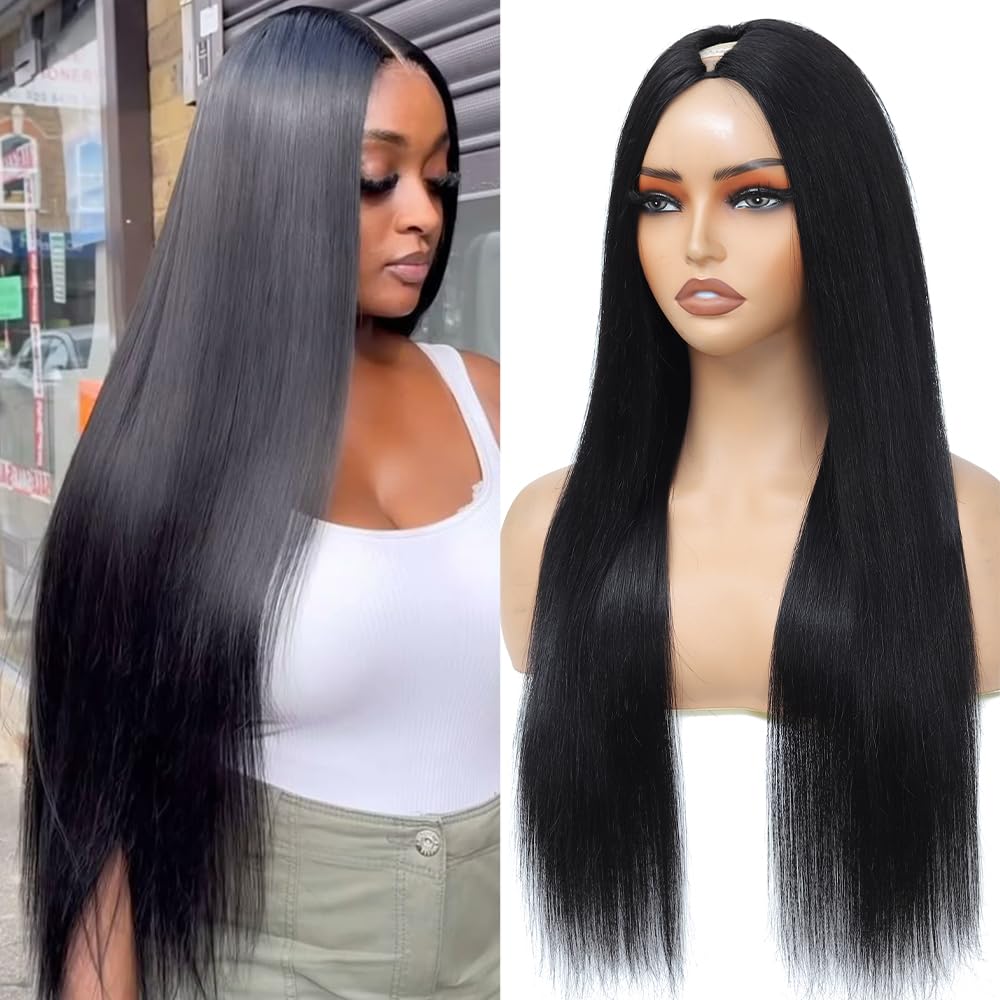 Aolvoblees V Part Wigs Human Hair Straight Minimal/No Leave Out Upgrade U Part Wig for Black Women 180% Density Clip in Half Wig