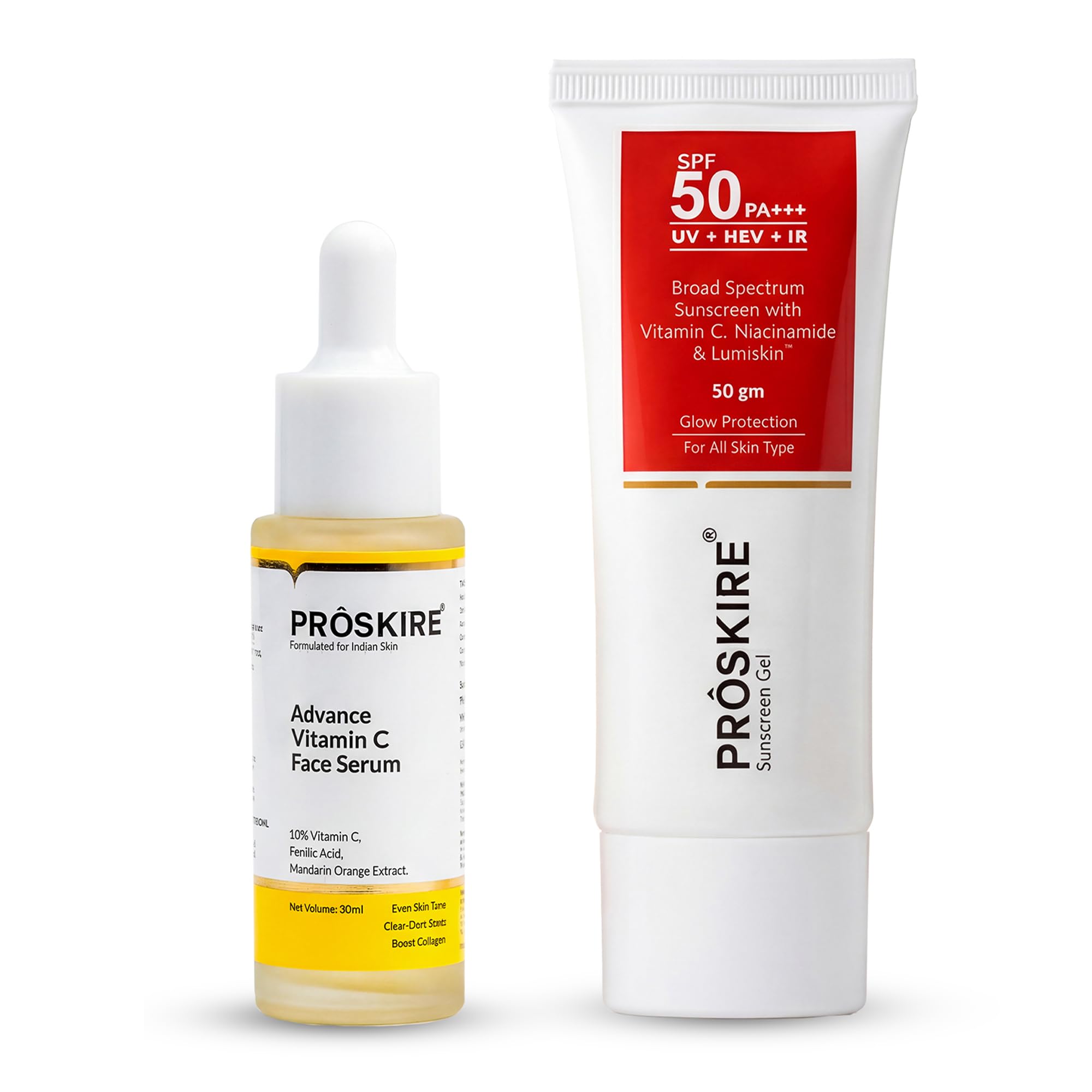 Proskire Vitamin C Face Serum & Spf 50+++ Sunscreen, Brightening, AntiAging, Dark Spot Reduction, Hydrating, Suitable For All S