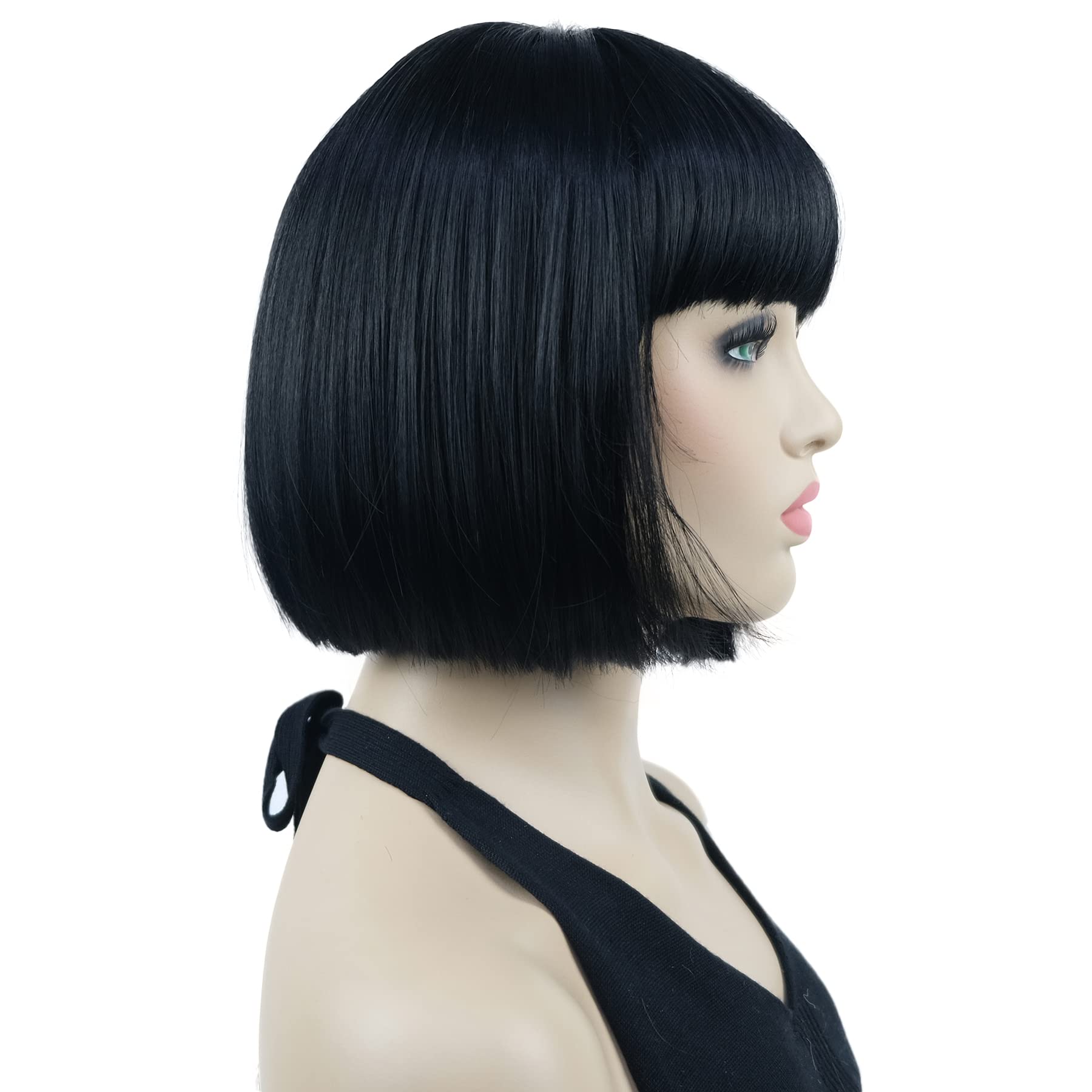 Lydell 8'' Straight Short Bob Hair Flat Bangs Cute Central Dot Skin Top Heat Resistant Synthetic Wigs (Black)