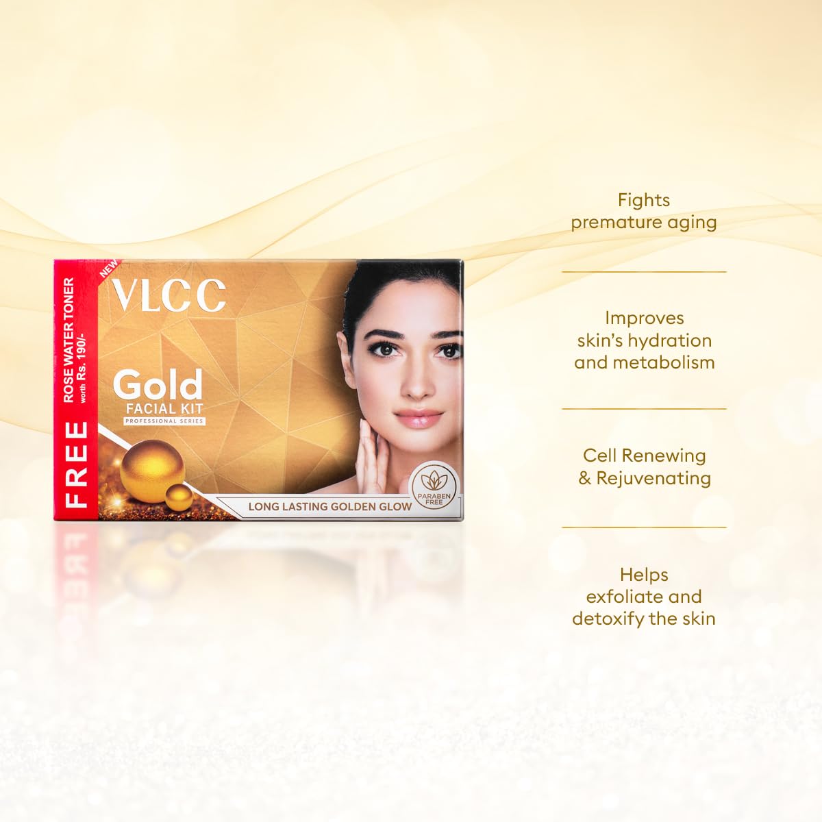 Vlcc Gold Facial Kit + Free Rose Water Toner | 300Gm + 100Ml