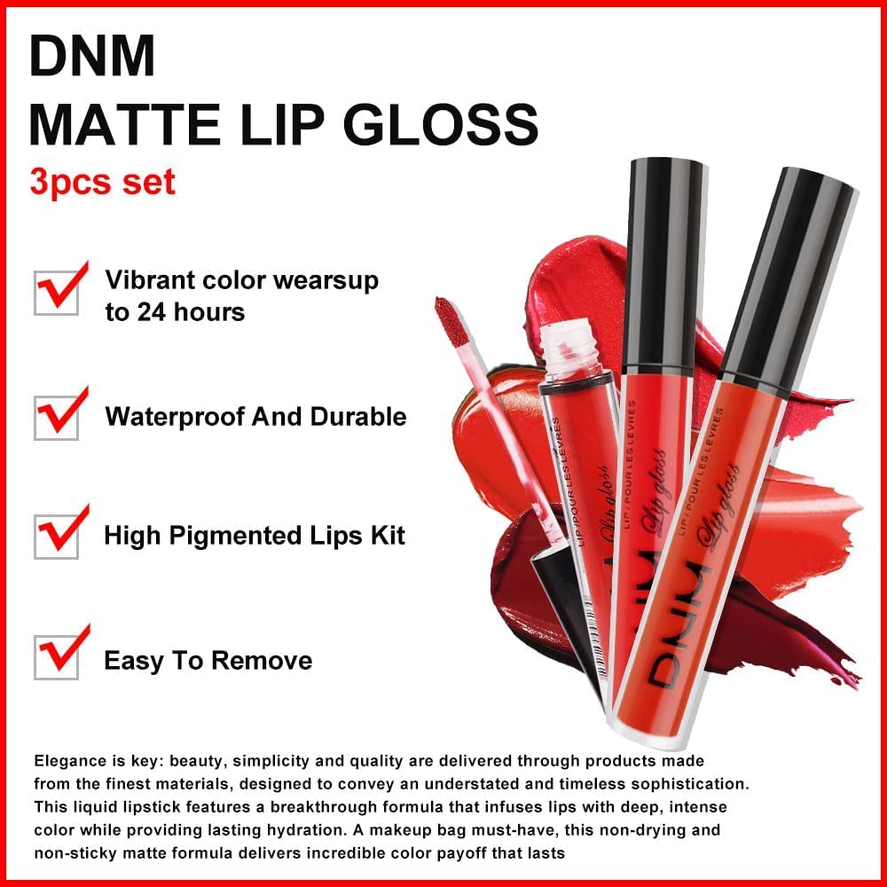 Evpct Dnm 3Pcs Dark Ruby Red Matte Liquid Lipstick Lip Stain Lipgloss Sets For Women 24 Hour Red Matte Lipstick Long Lasting Smu