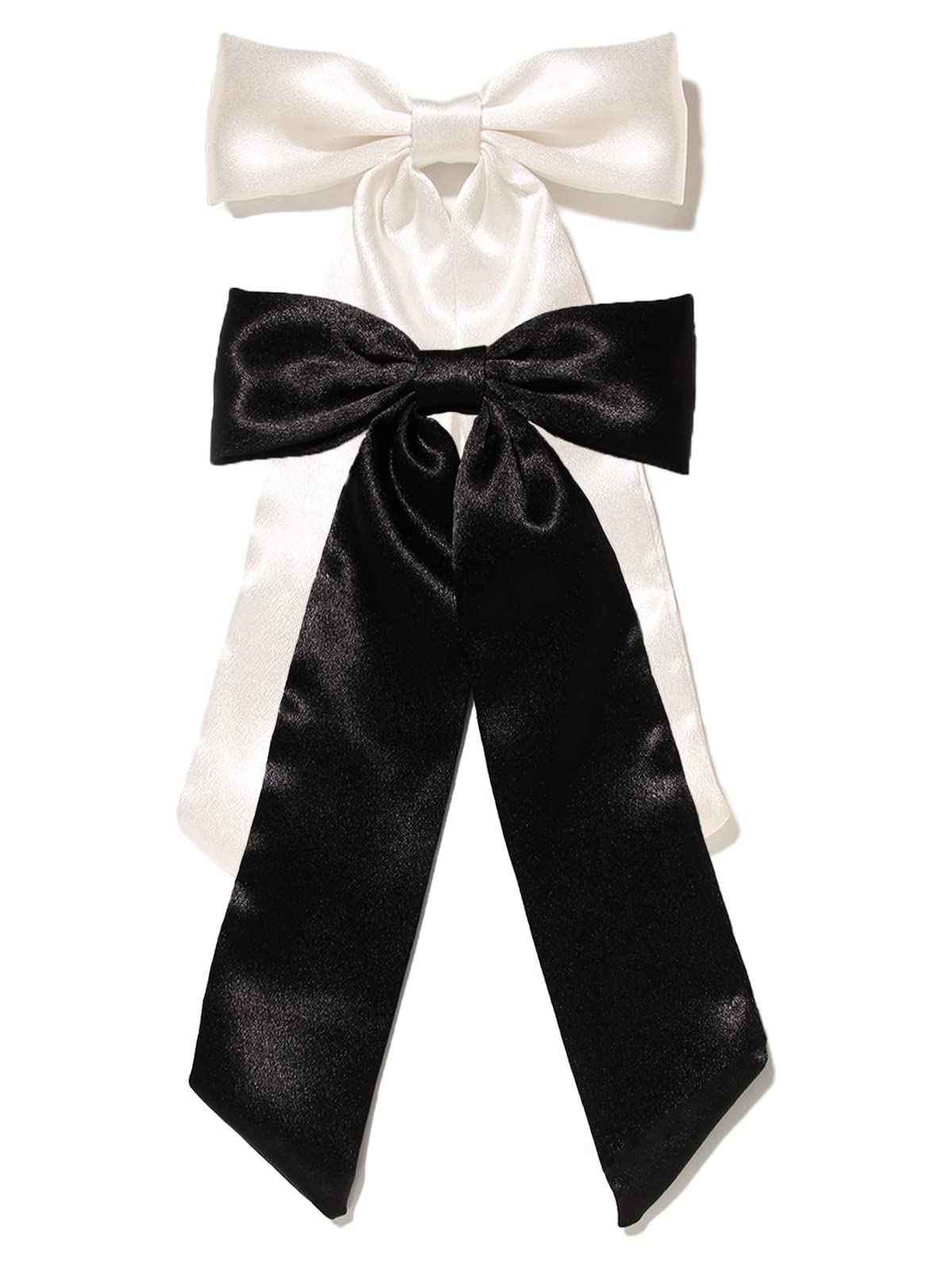 Furling Pompoms Hair Accessories: Big Black & White Satin Bows with Long Tails for Hair and Ponytails, Ribbons, and Hair Clips f