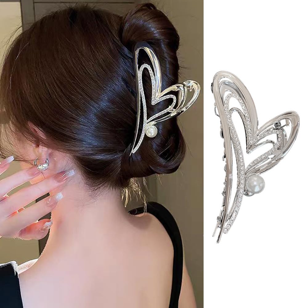KOLONAMS Hair Clip, 1Pcs Valentine's Day Heart Shaped Rhinestone and Pearl Claw Clip, Strong Hold Sliver Hair Barrette for Hair 