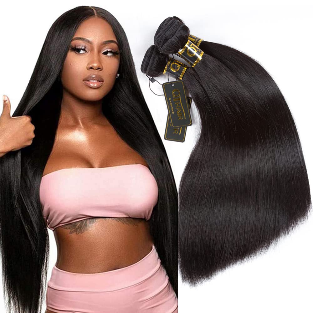 Qthair 14A Straight Human Hair Bundles(18 20 22,300G,Natural Black) 100% Unprocessed Human Hair Extensions Indian Straight Virgi