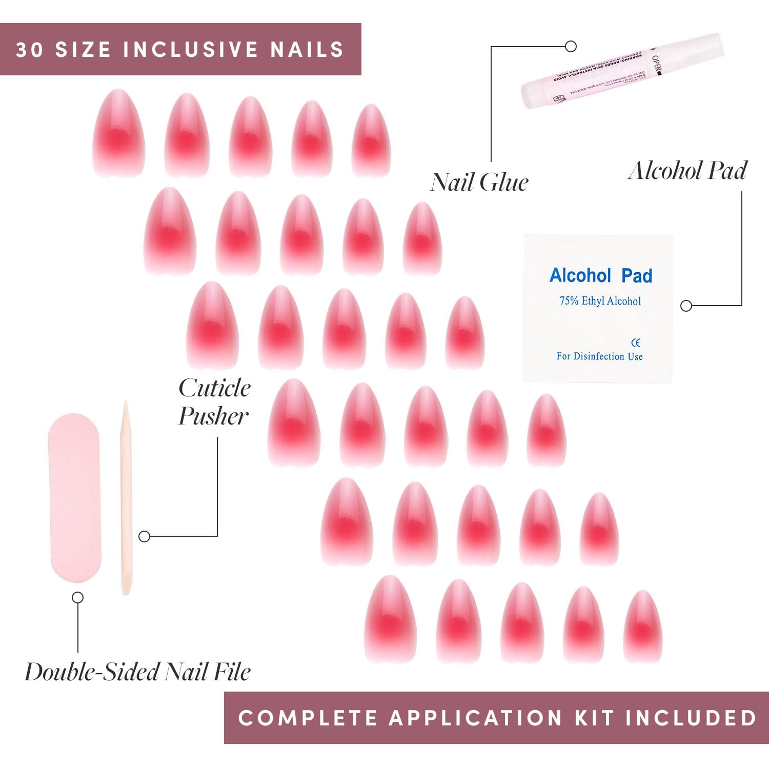 Glamnetic Press On Nails - Blushing Aura | Short Almond Trendy Pink With Ombre Center Nails In A Glossy Finish | 15 Sizes - 30 N