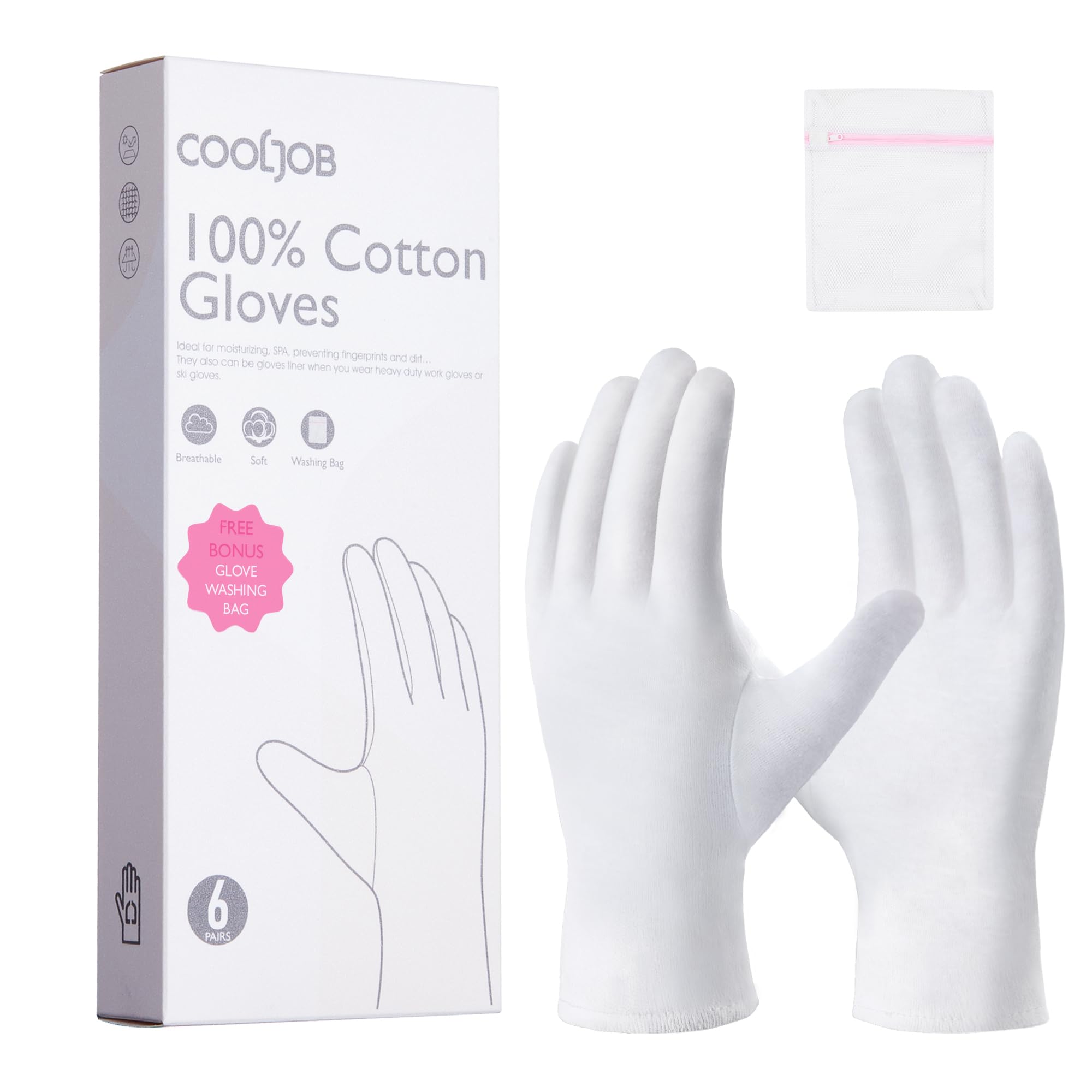 COOLJOB 100% Cotton Gloves, 6 Pairs White Cotton Gloves for Dry Hands Moisturizing & Eczema, Overnight Lotion, Sleep & Spa Treat