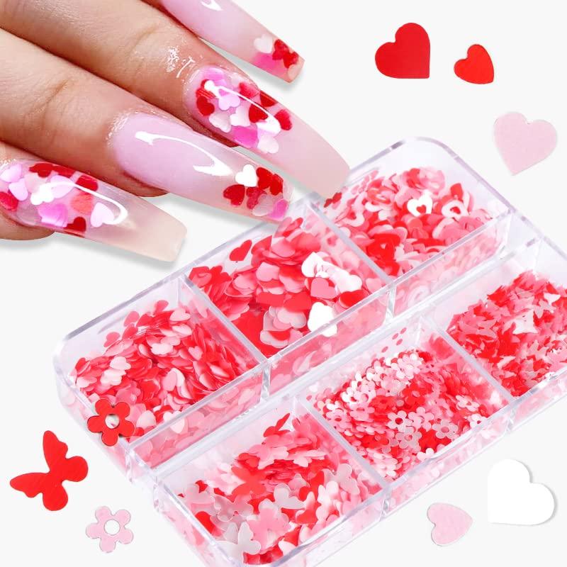 Pink Heart Nail Art Glitter Valentine's Day 3D Holographic Sparky Love Heart Nail Sequins Laser Hearts Nail Supplies Butterfly F