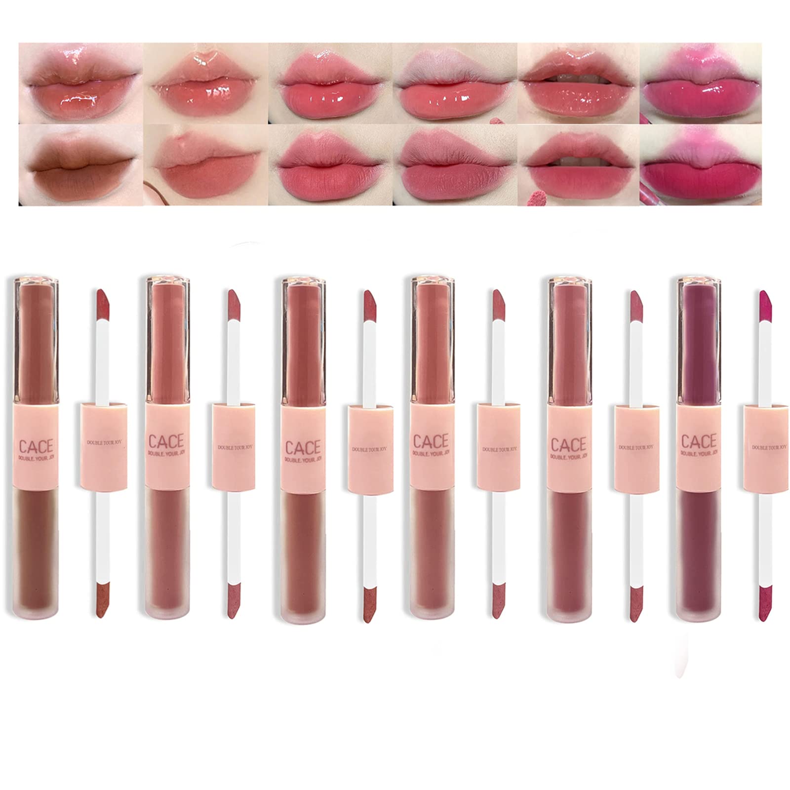 Domality 6 Colors 2 In 1 Double-End Lip Gloss Set, 6Pcs Matte Velvet & Mirror Finish Liquid Lipstick, Long Lasting Waterproof Gl